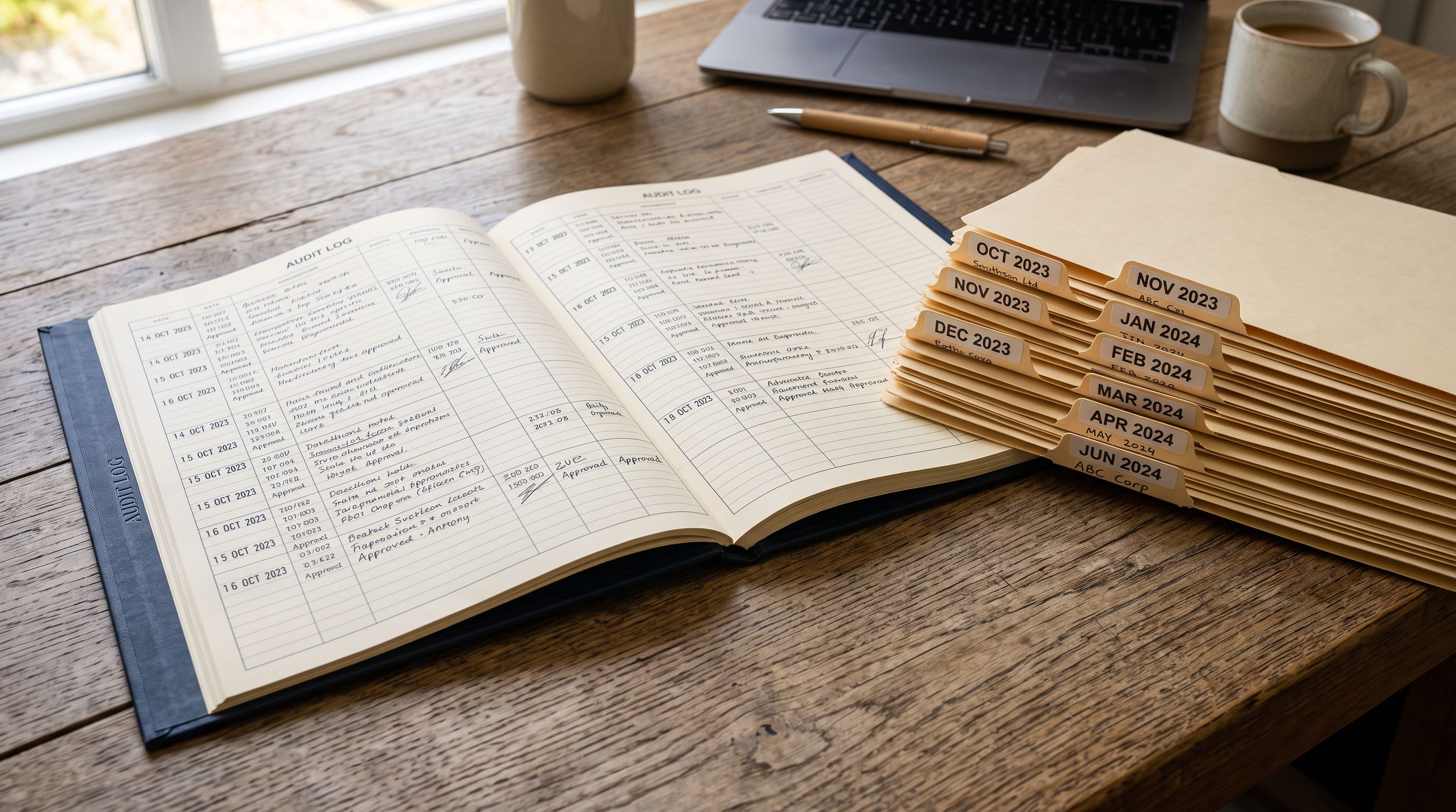 A printed audit log binder open on a wooden desk beside a stack of supplier file folders organised by date.