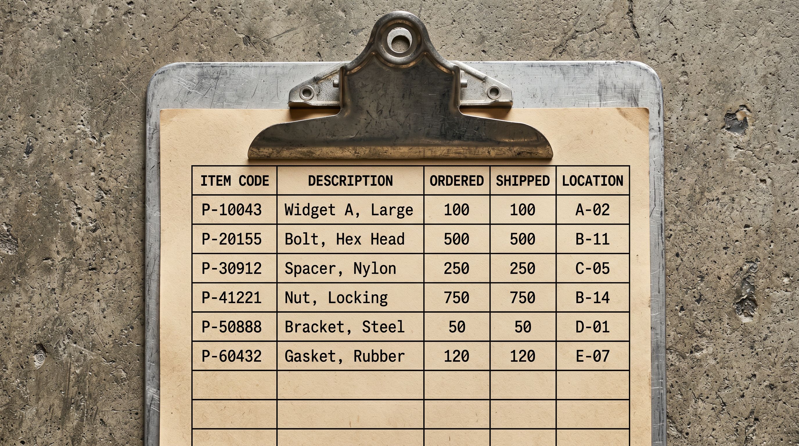 Industrial packing slip on a metal clipboard showing columns of product codes and quantities.