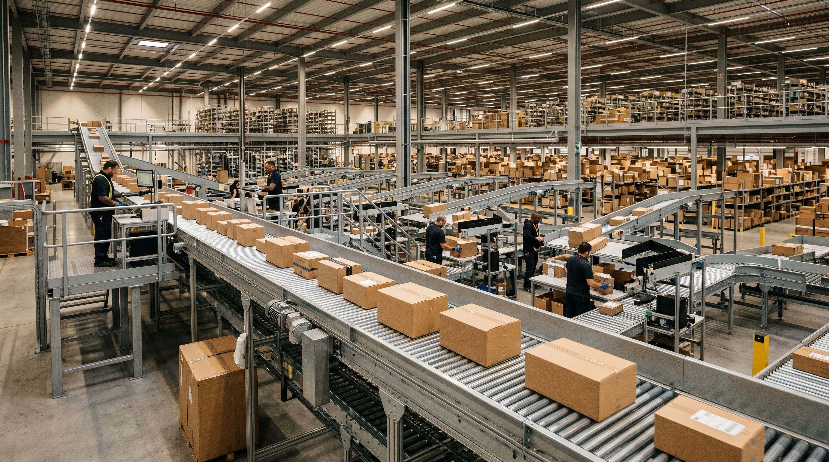Distribution centre conveyor belt carrying cardboard boxes in an orderly flow past sorting stations.