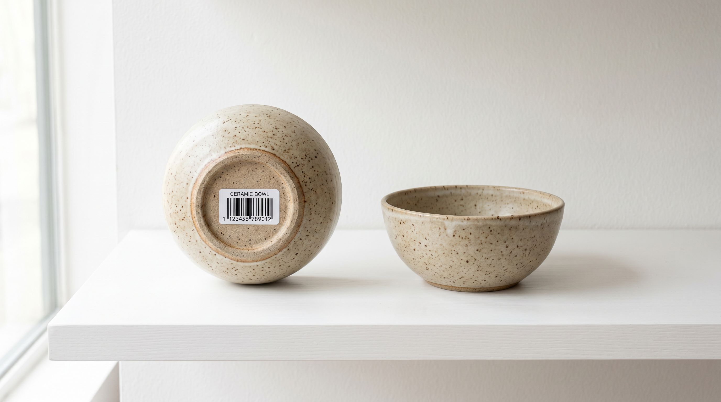 Two ceramic bowls on a retail shelf, one with a barcode label and one without, showing product identification status.