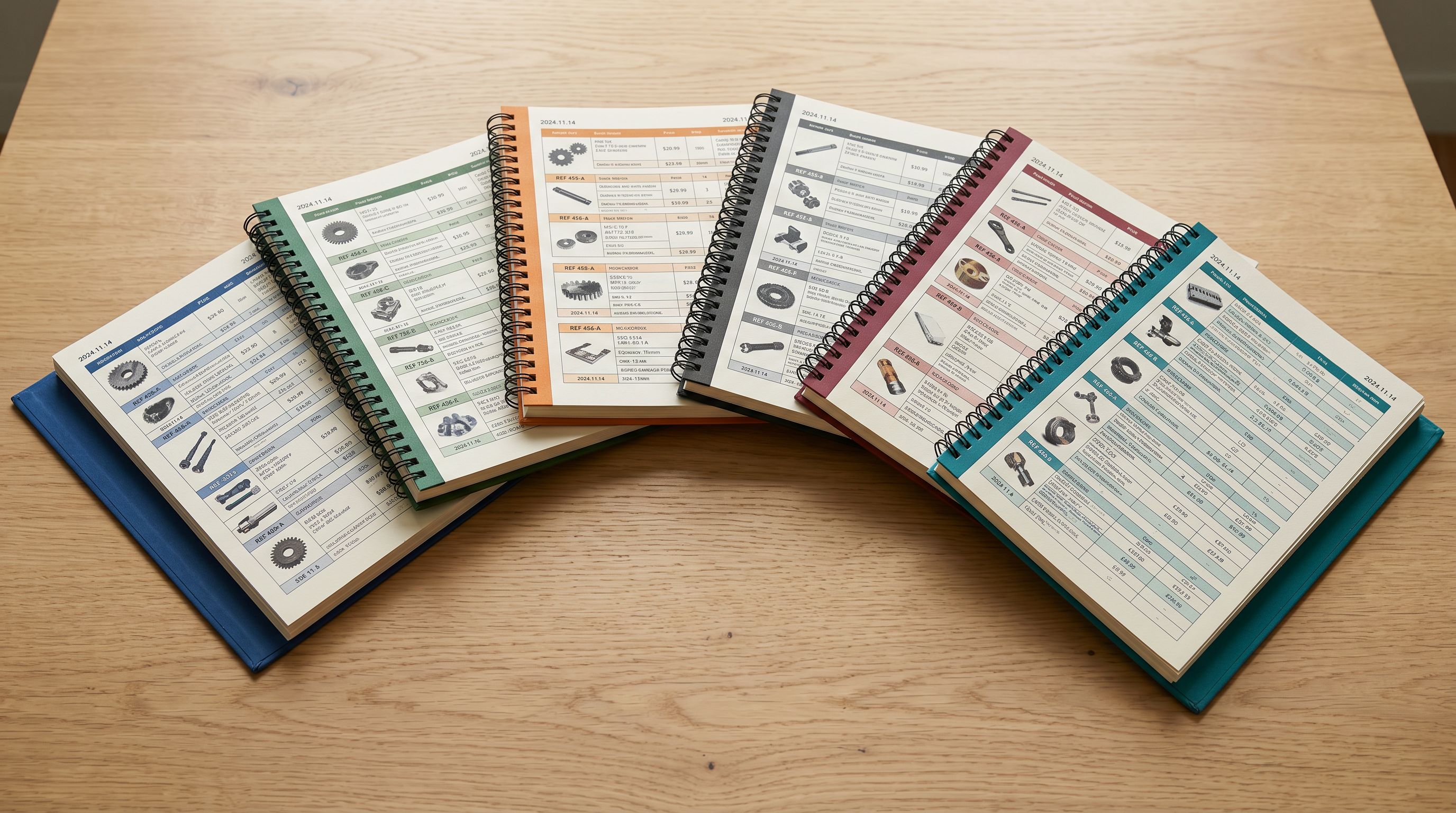 Multiple spiral-bound product catalogues in different colours spread open on a pale wooden surface, each open to structured product pages.