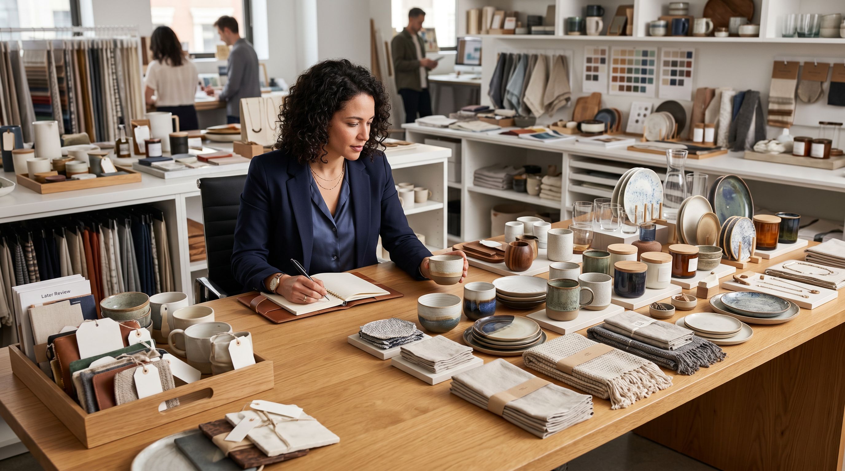 Retail buyer reviewing product samples at a desk, some items set aside for later review while others are ready for display.