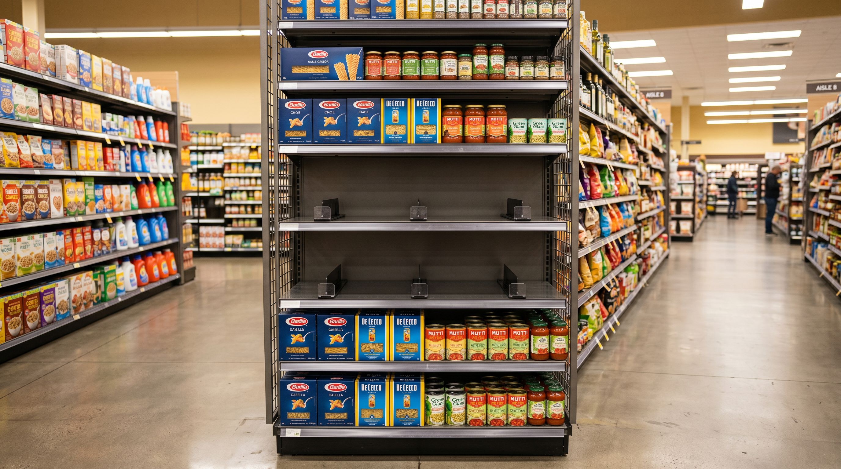 Retail store shelving unit with empty shelf brackets where products should be displayed, surrounding shelves stocked normally.