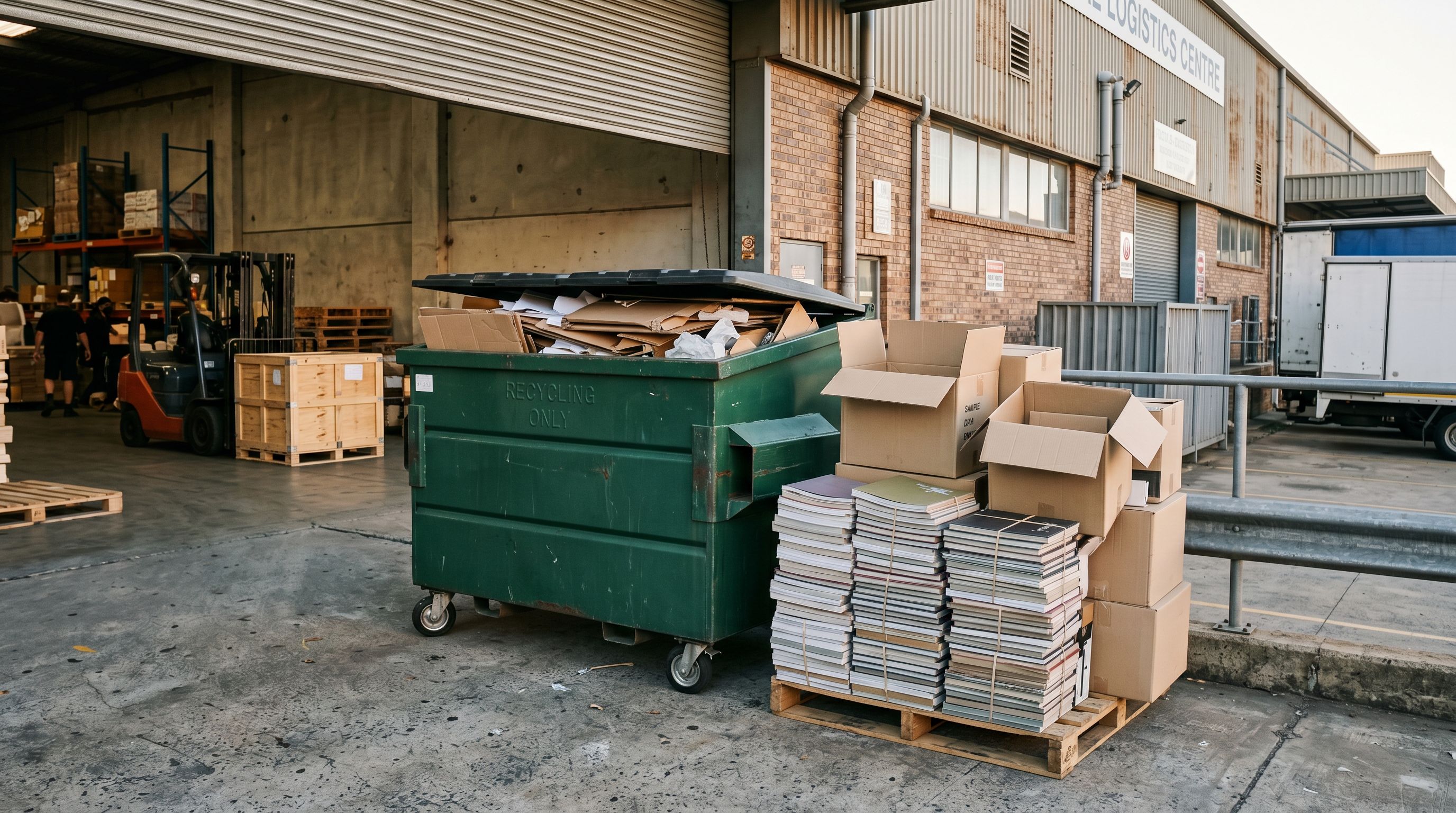 Industrial recycling bin beside a stack of obsolete product catalogues and sample boxes being discarded at a warehouse.