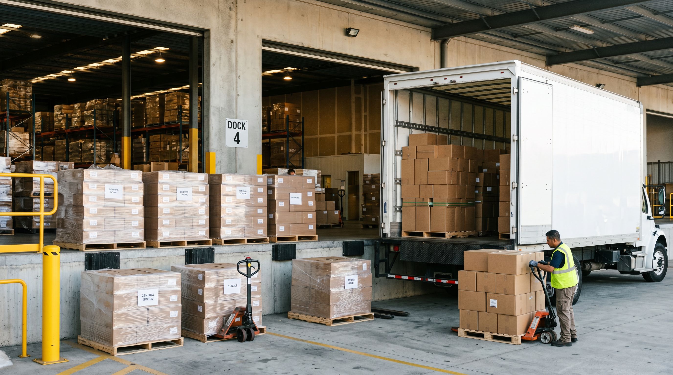 Warehouse loading dock with a delivery truck backed up to open dock doors, pallets of boxed goods stacked ready for unloading.