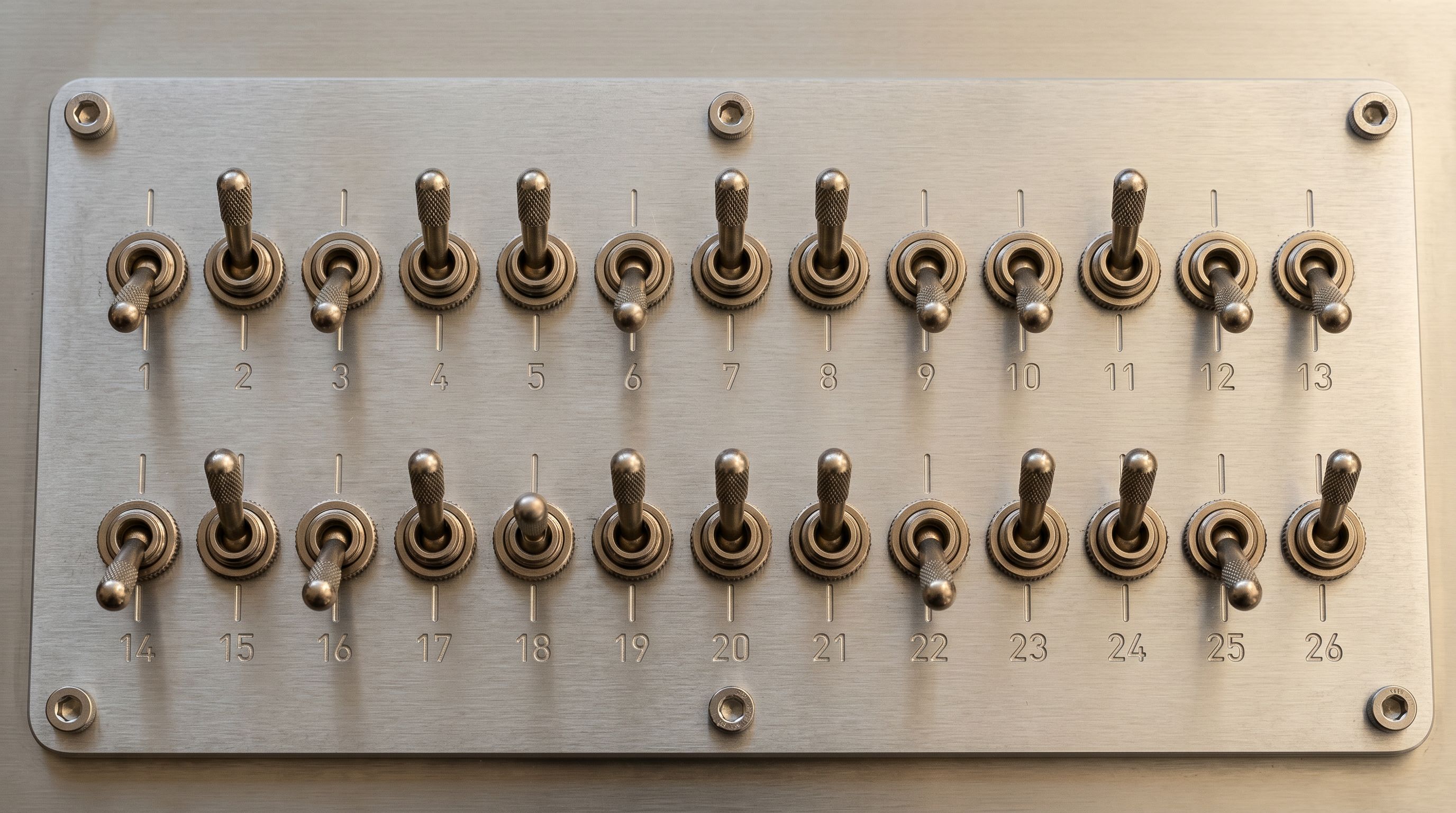 A set of precision toggle switches in two rows on a brushed aluminium panel, some on and some off representing selective column mapping configuration.