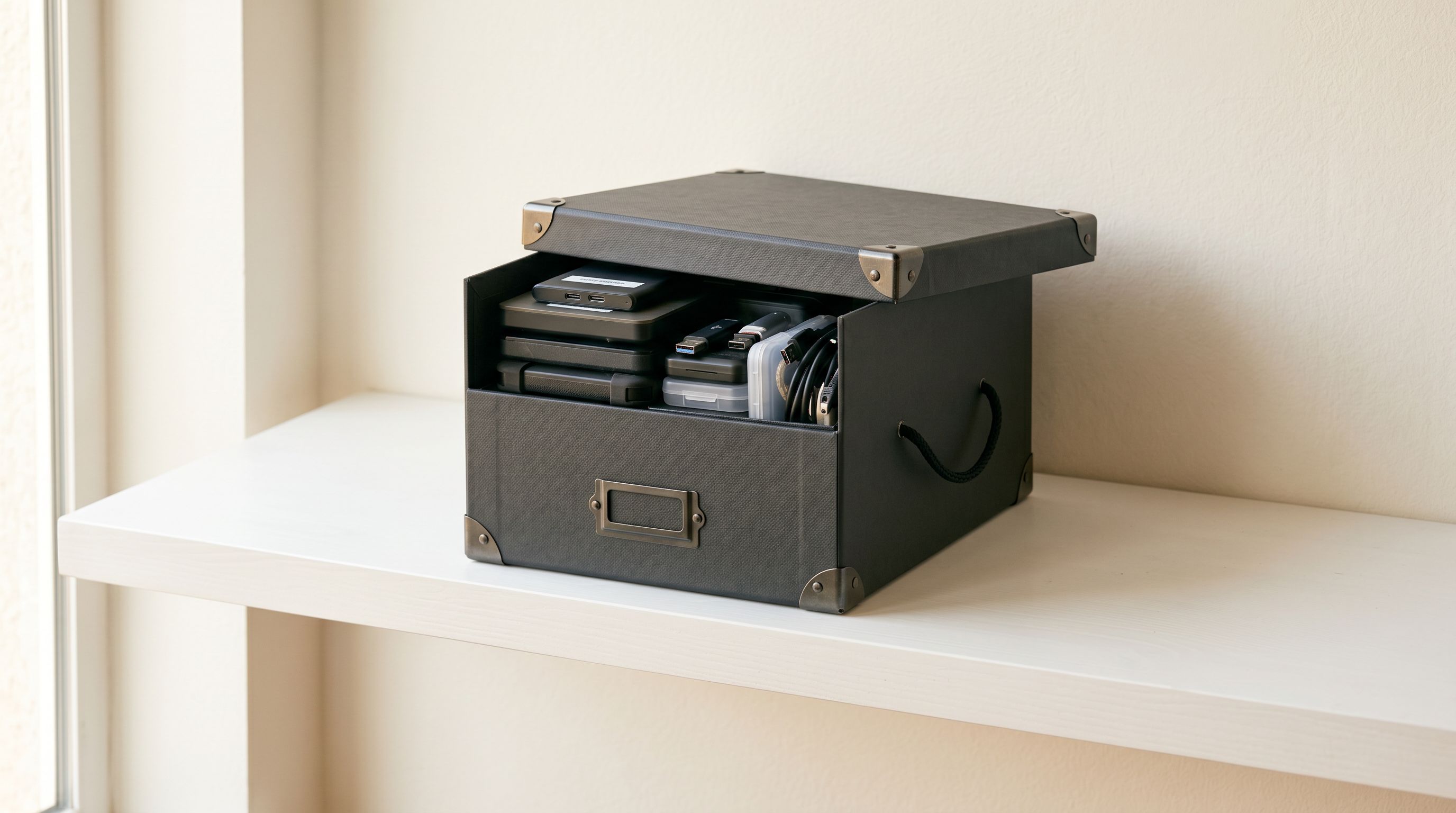 A compact archival storage box with lid partially open on a white shelf representing a secure backup of product descriptions.