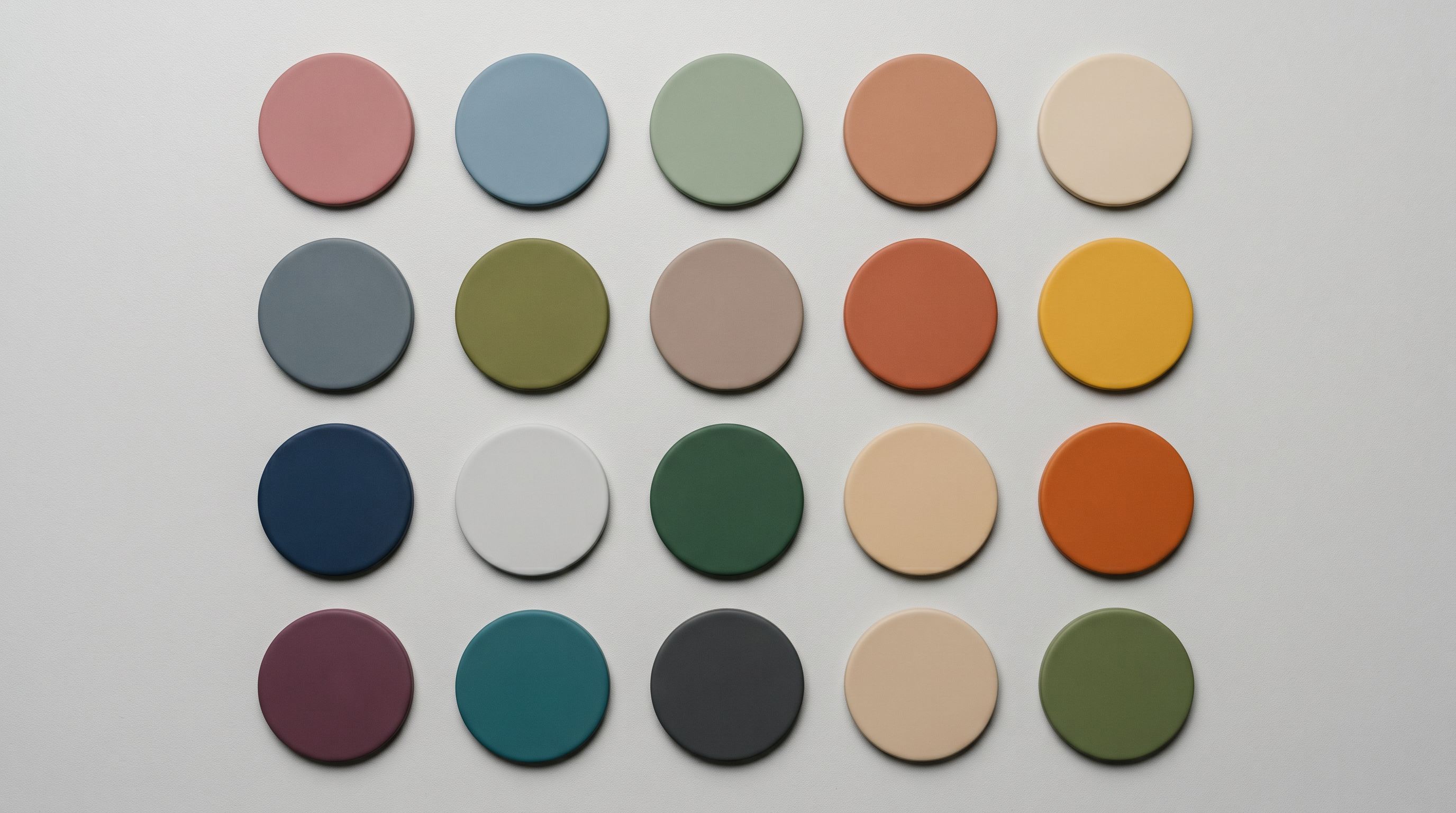 An overhead view of product sample discs in a neat grid of four rows on a grey surface representing an organised product catalogue.