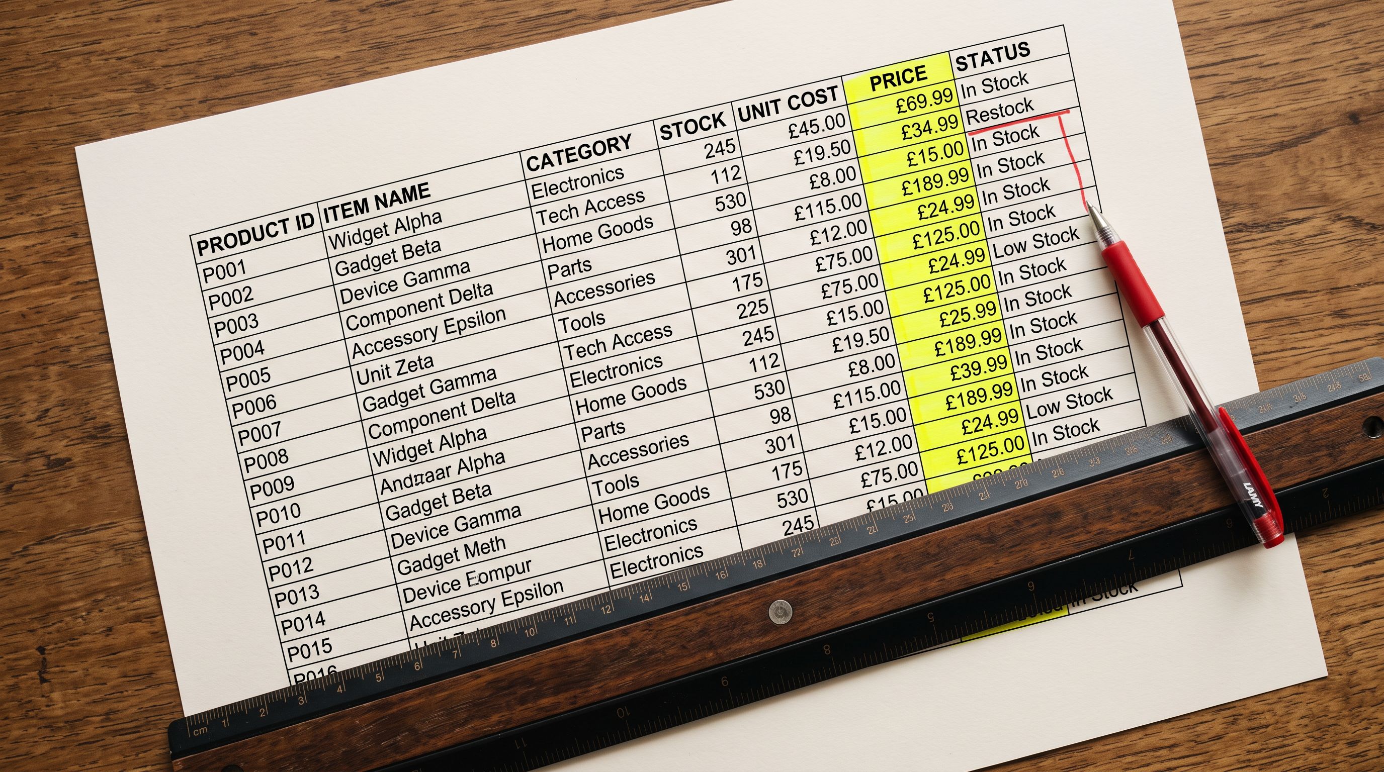 Printed spreadsheet on a desk with ruler and red pen marking highlighted columns across product data rows