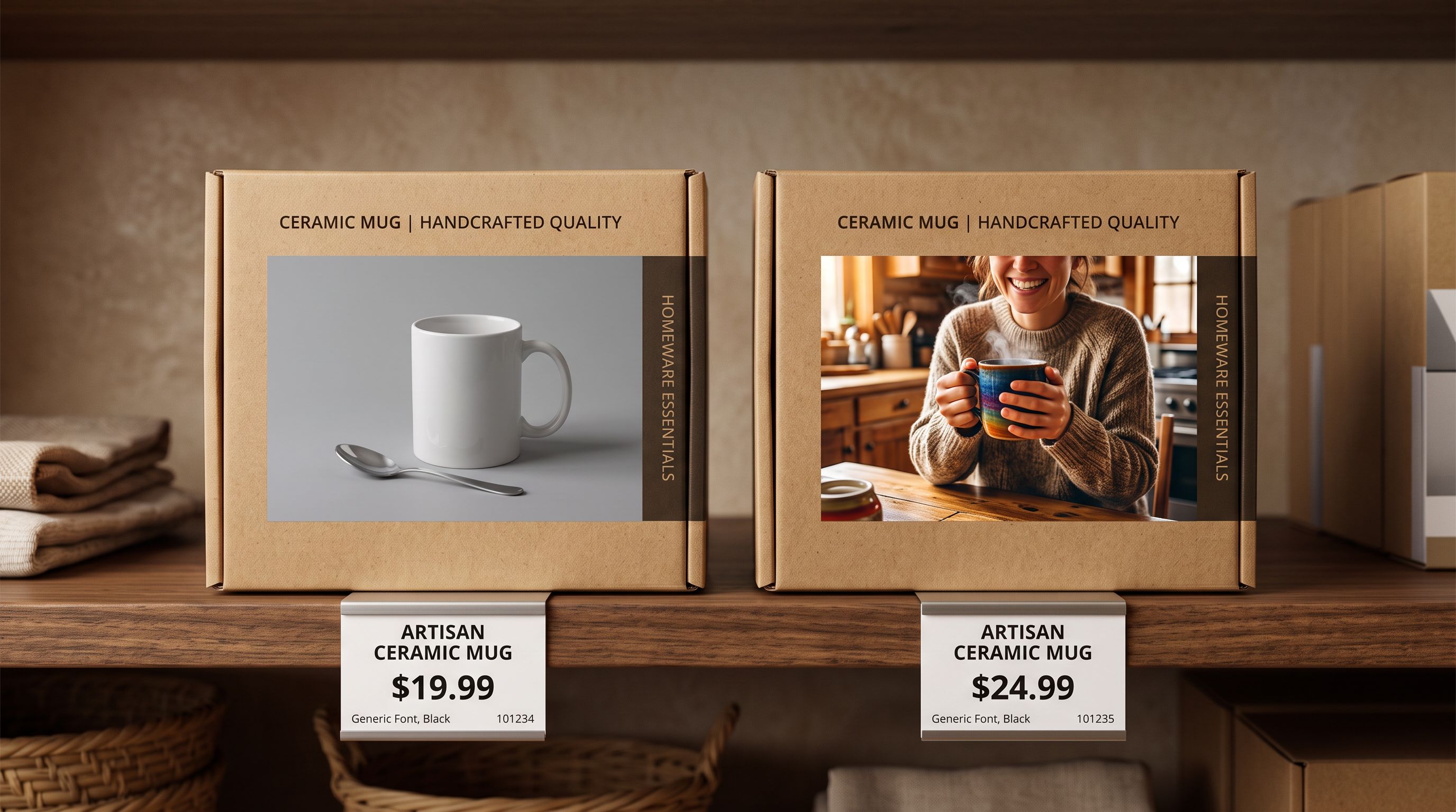 Retail shelf showing two identical product boxes side by side with contrasting stock photo and lifestyle photo labels