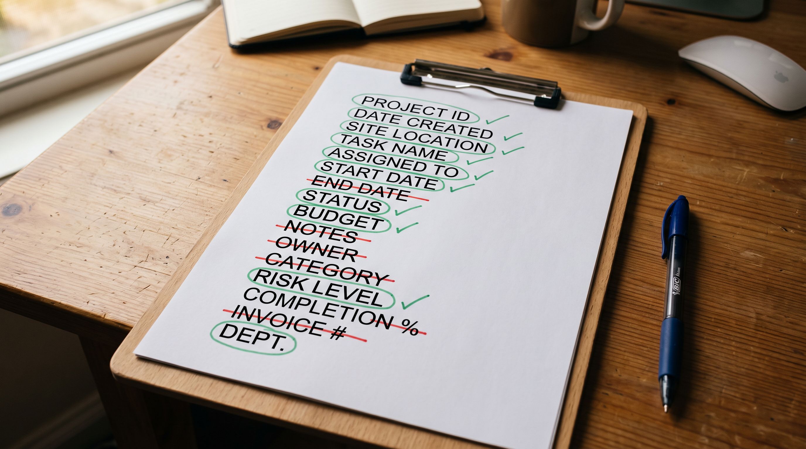 Clipboard with printed column name table showing circled and crossed-out entries in green and red ink