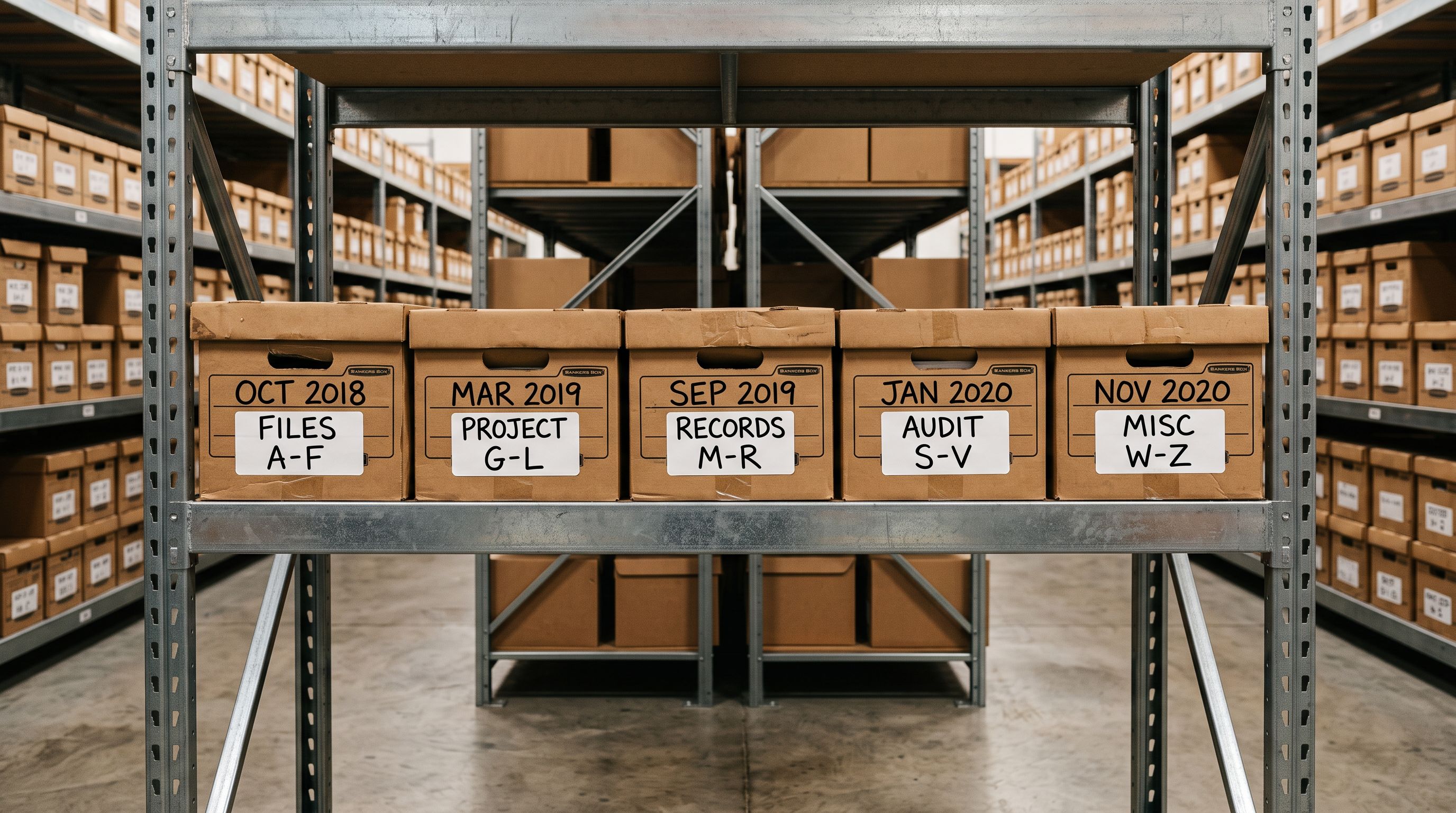 Row of dated cardboard archive boxes on metal shelving with handwritten date labels in marker