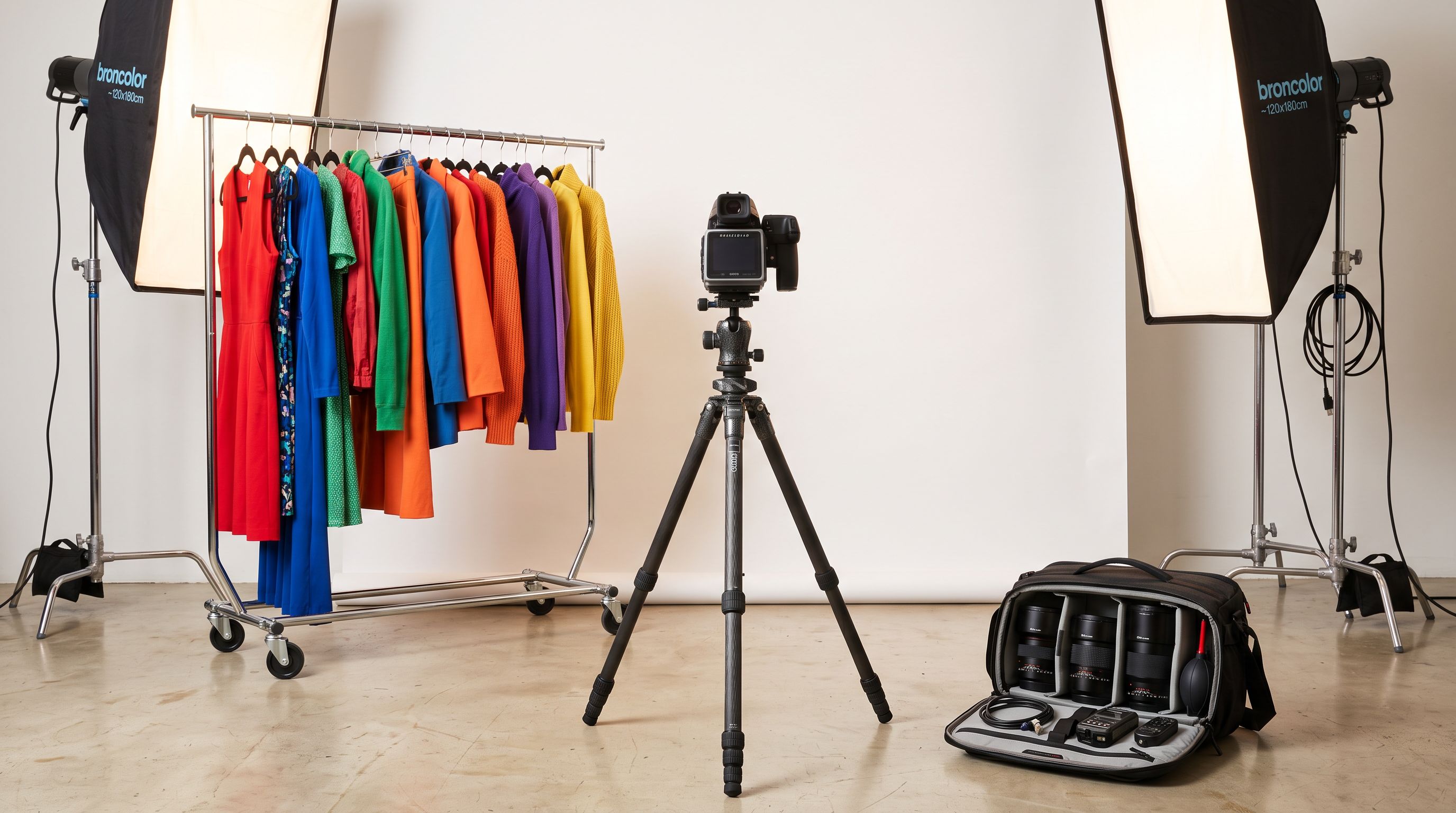 Professional photography studio with clothes rack and camera equipment on tripod with softbox lights for fashion product photography