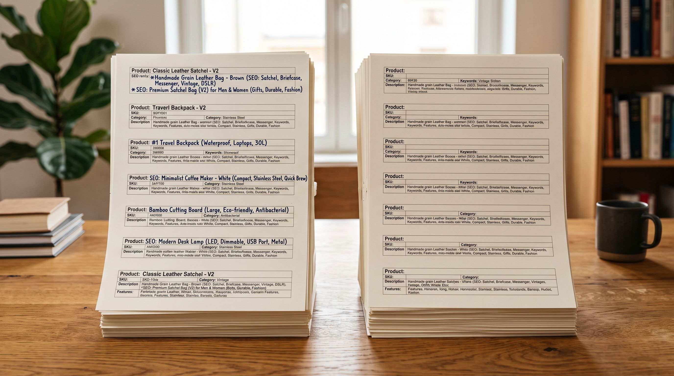 Two stacks of printed product information sheets on a desk; the left stack has handwritten SEO title annotations; the right shows identical sheets with blank title fields