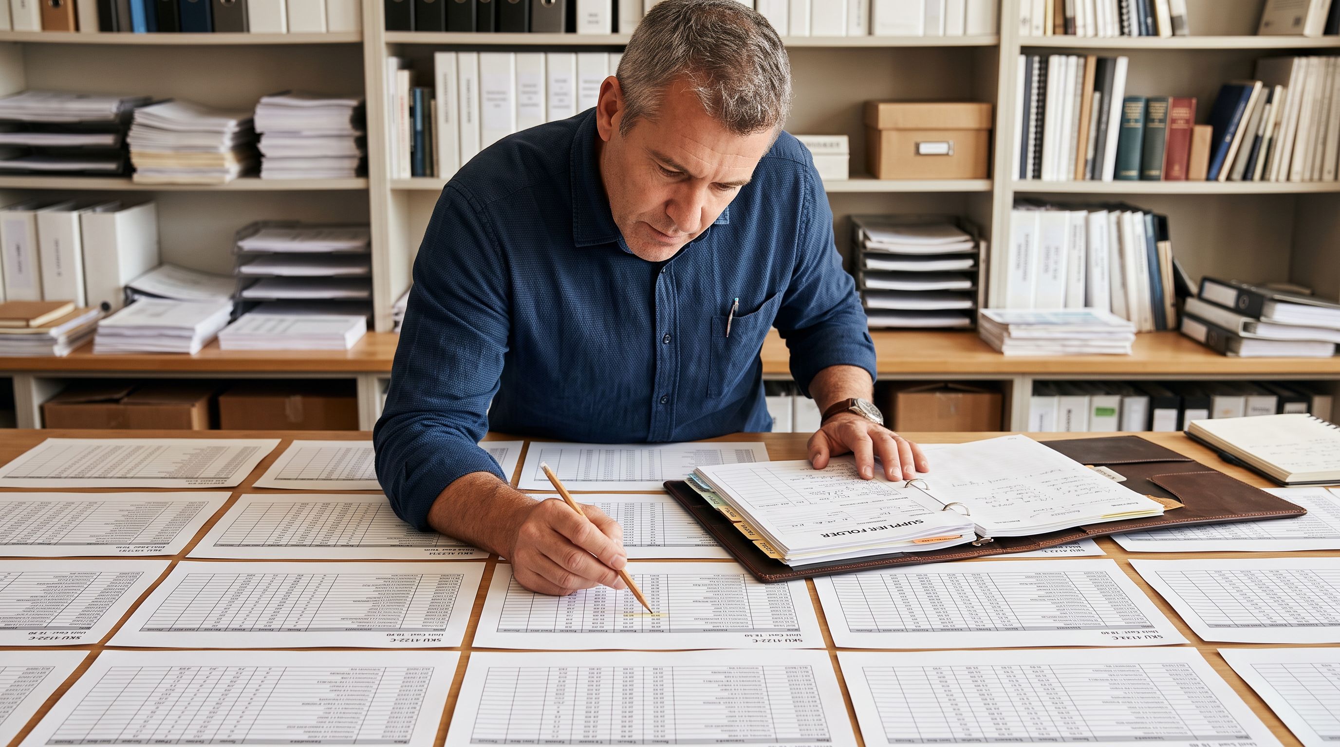 Merchant reviewing rows of printed product data sheets at a wide table, pointing at specific cells with a pencil before confirming a bulk import