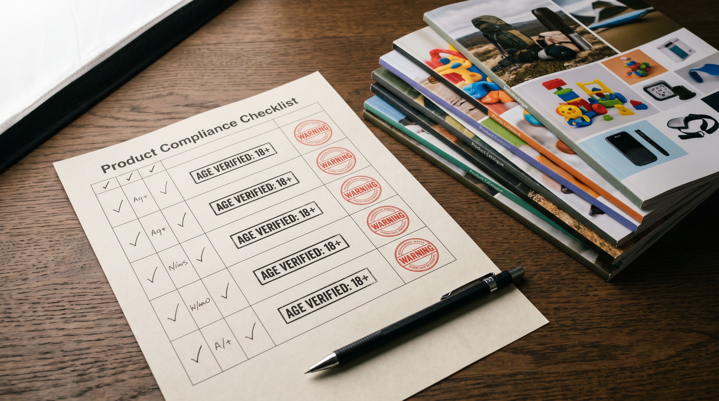 Printed product compliance checklist on a desk beside a stack of product catalogues with age verification and warning labels marked across multiple rows.