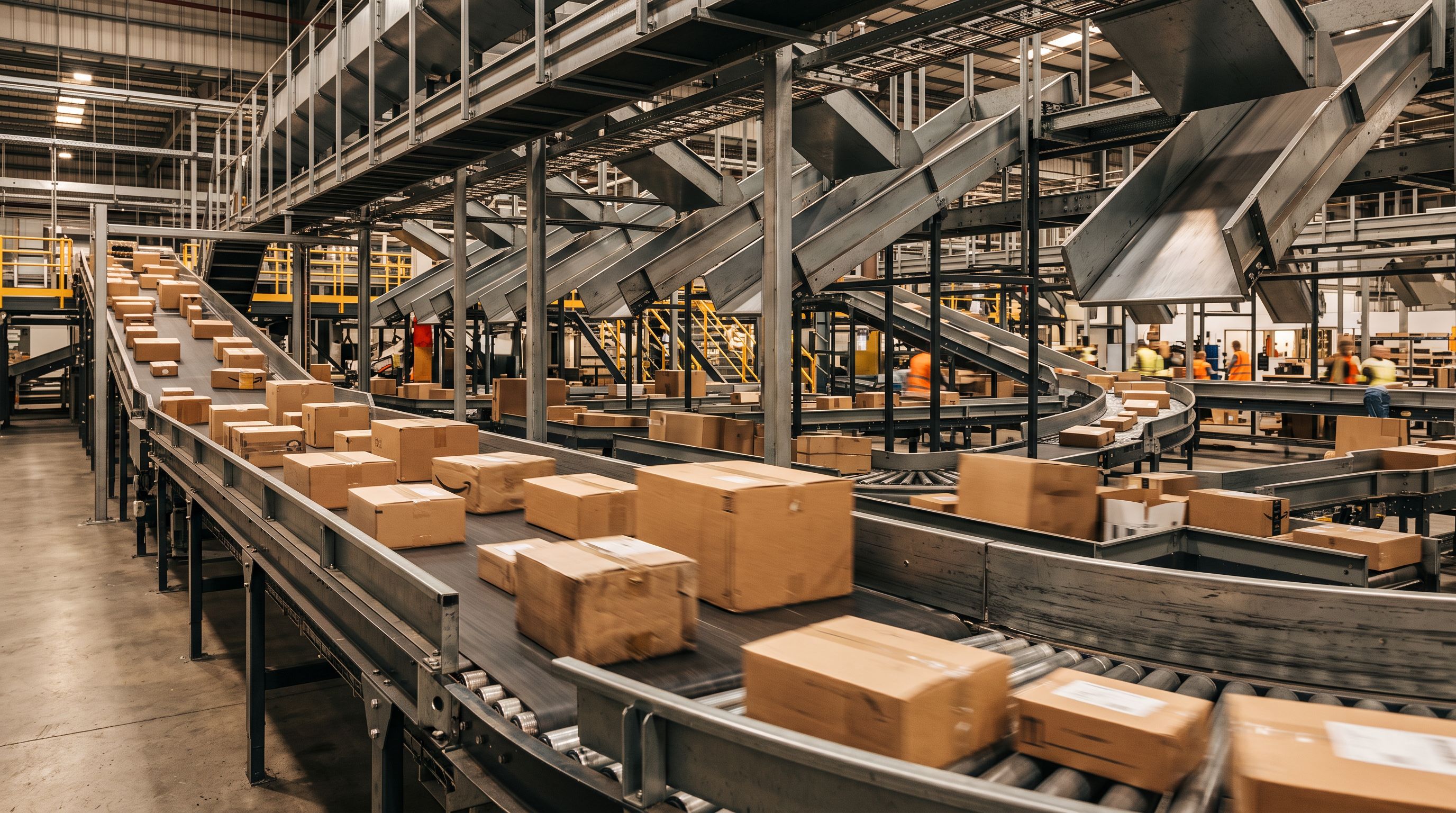 Cardboard packages of different sizes moving along a parcel sorting conveyor belt at a distribution centre