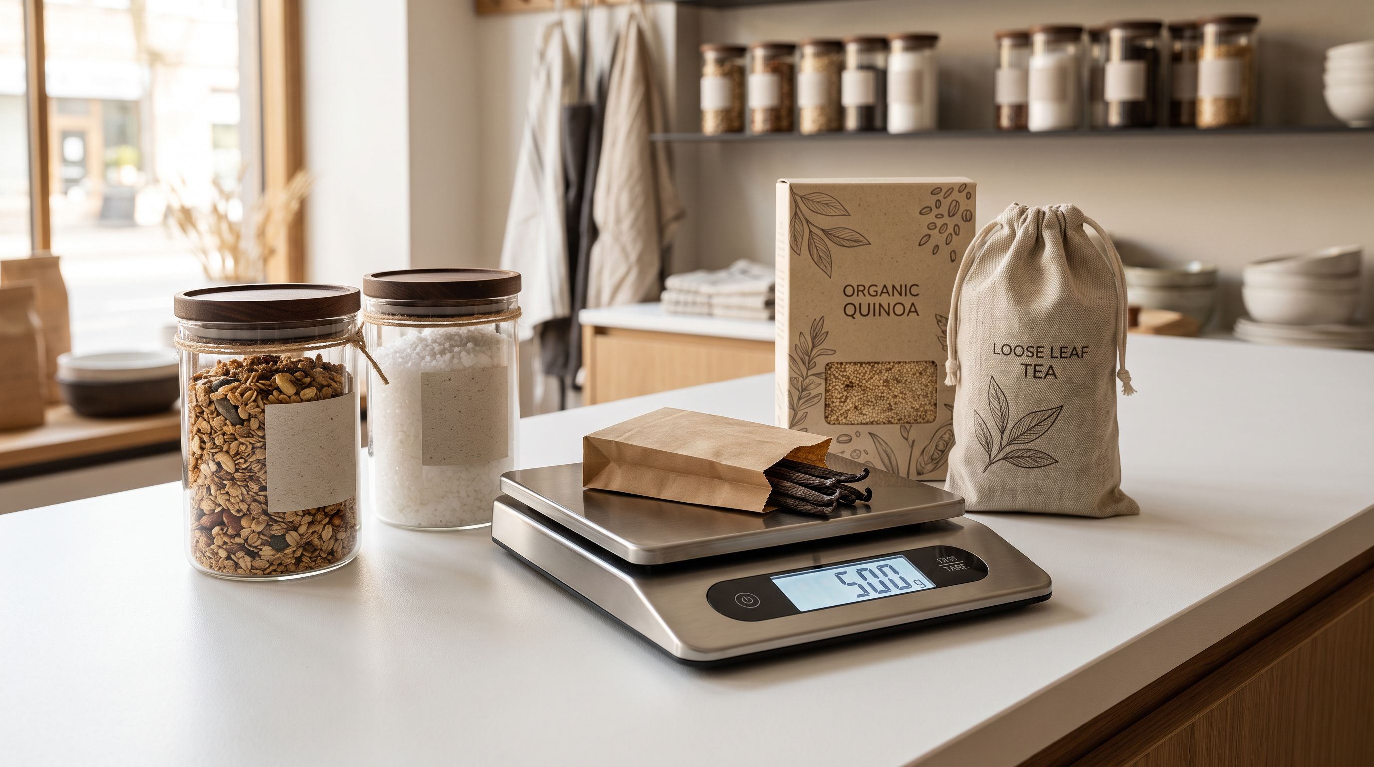 A stainless steel digital kitchen scale showing 500 grams beside product jars and packaging on a white retail counter