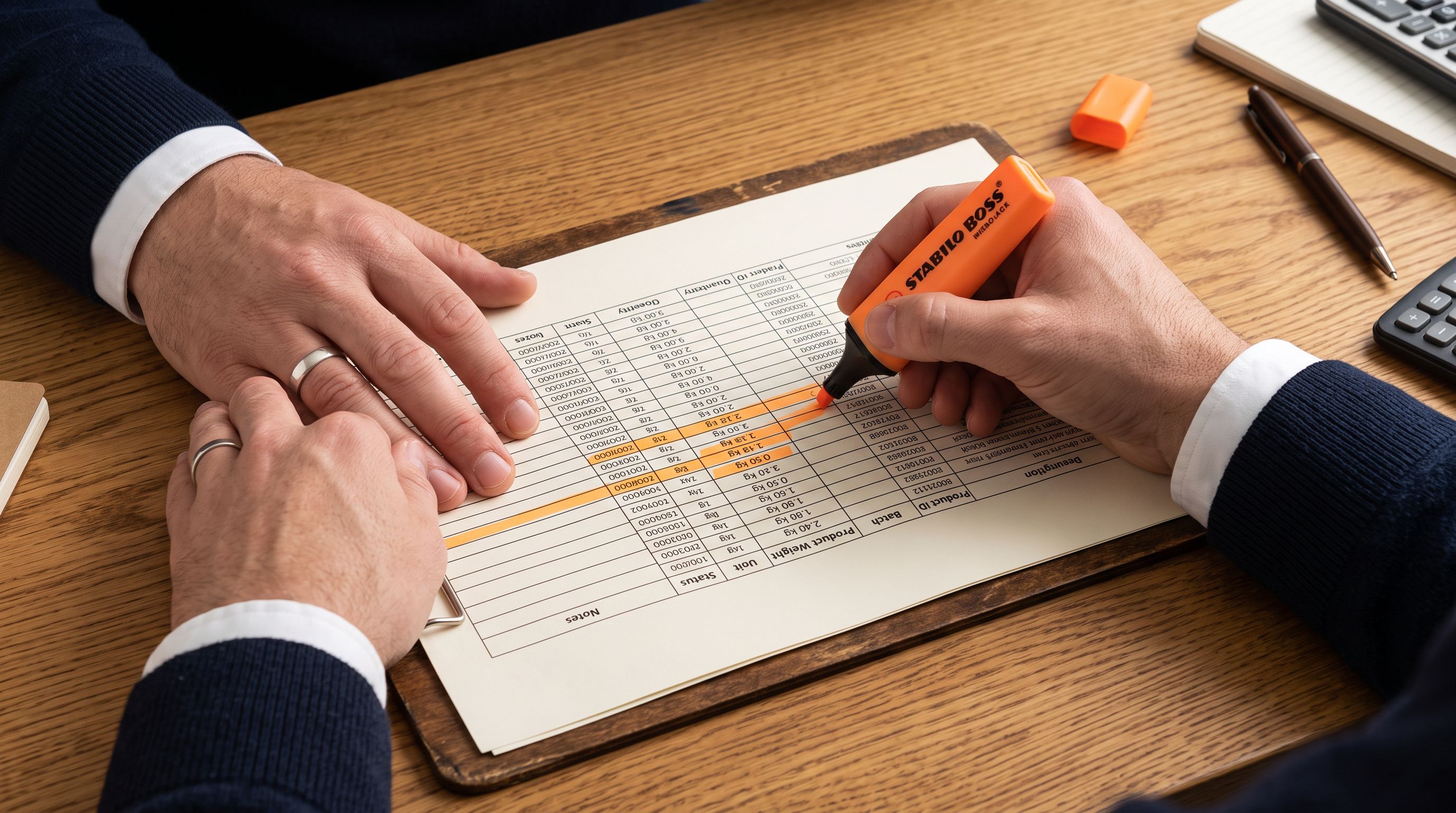 Hands reviewing a printed spreadsheet showing a product weight column with rows highlighted in orange on a wooden desk