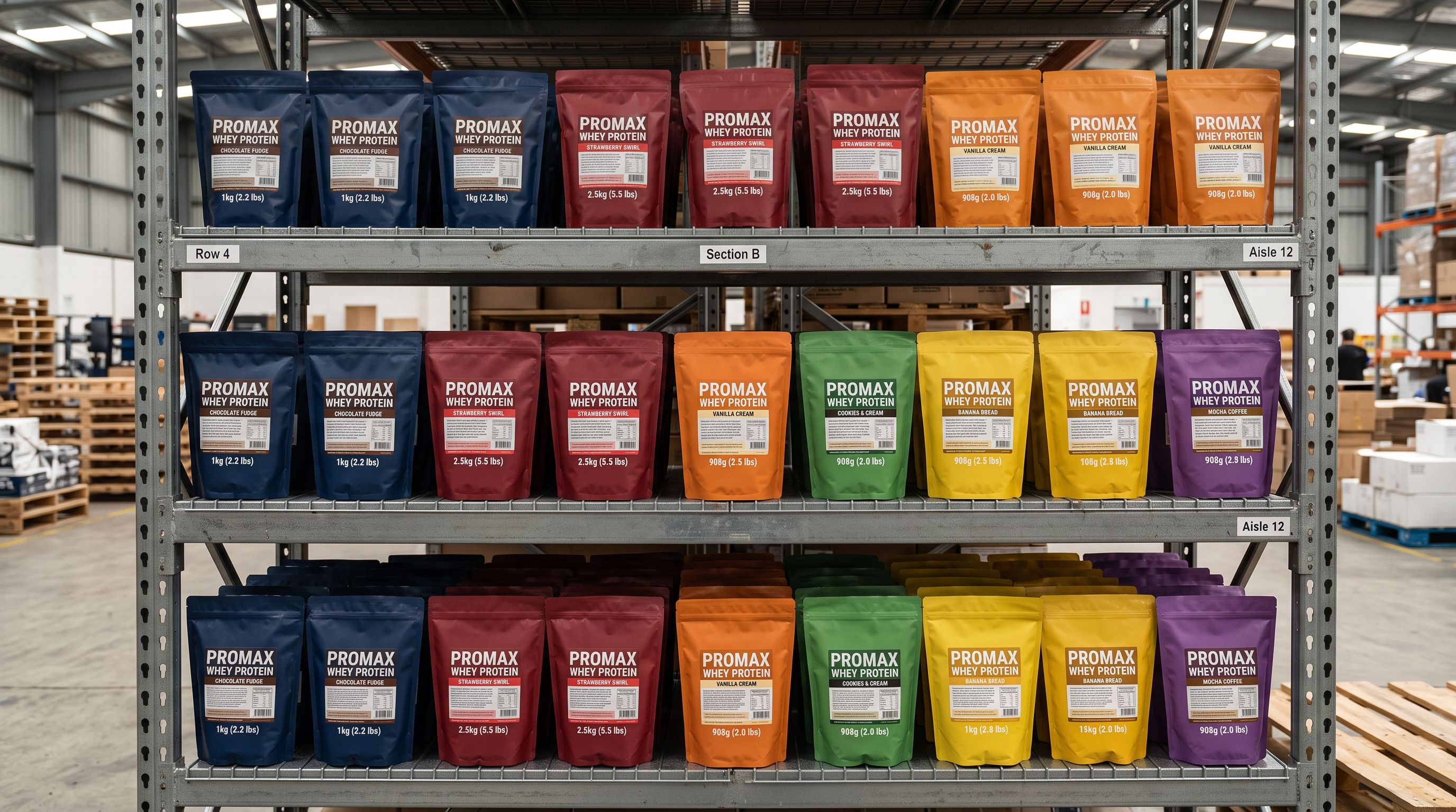 Rows of sealed protein supplement bags in different flavours stacked on warehouse shelving, each displaying weight on the label
