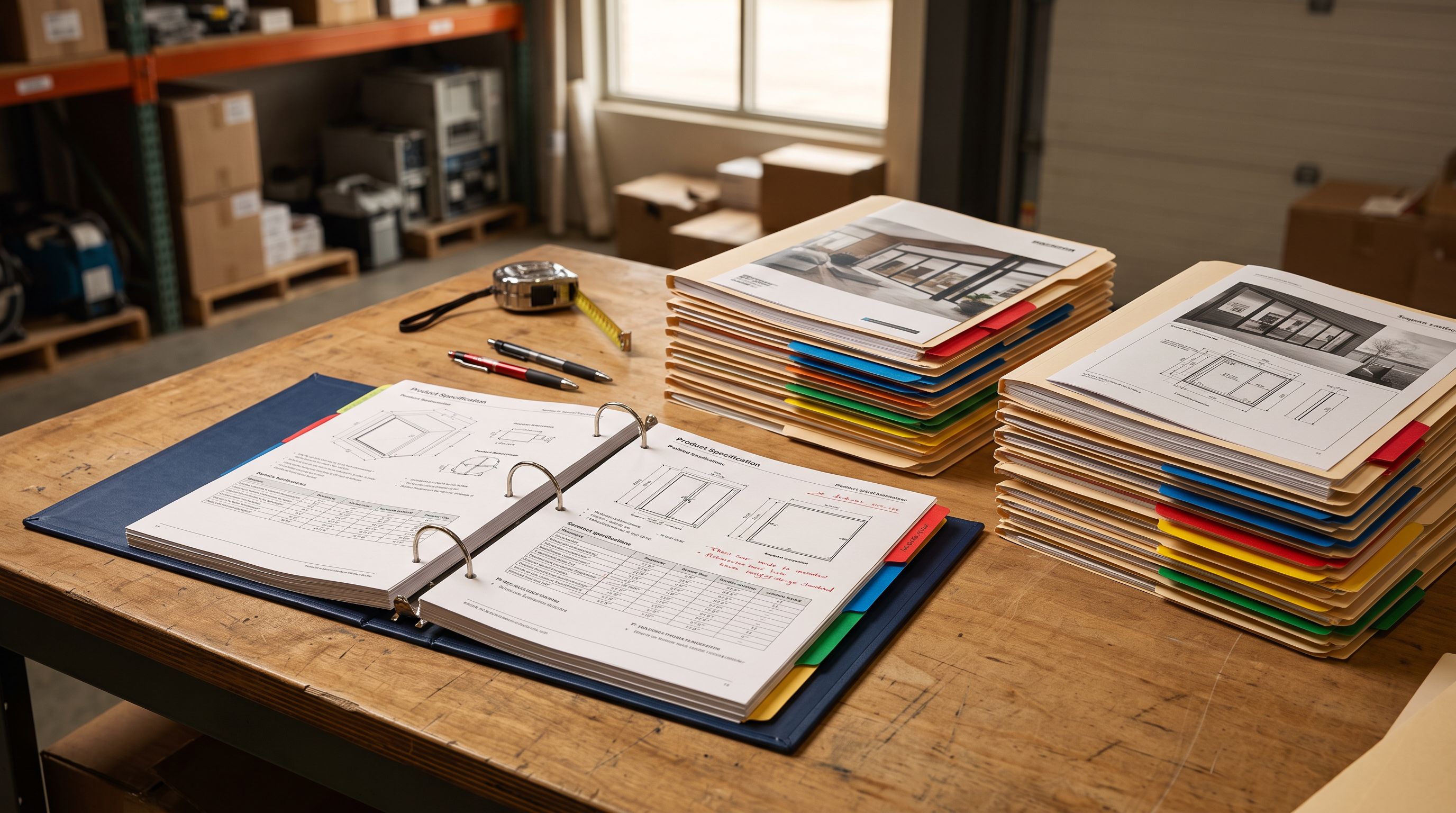 Open product specification binder on a warehouse desk beside neatly stacked supplier catalogue folders with coloured divider tabs