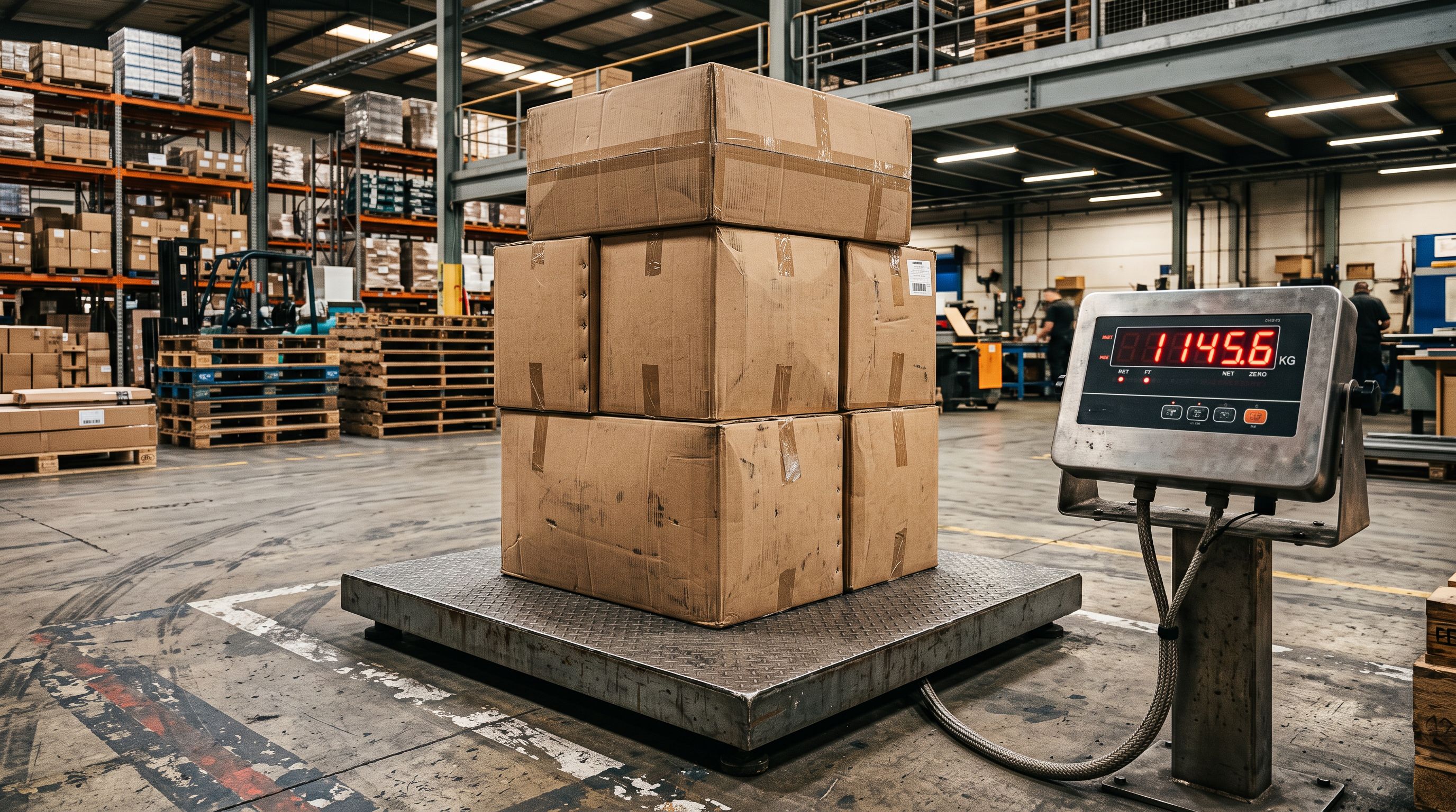 Heavy cardboard boxes stacked on a large industrial floor scale in a logistics warehouse with digital weight display