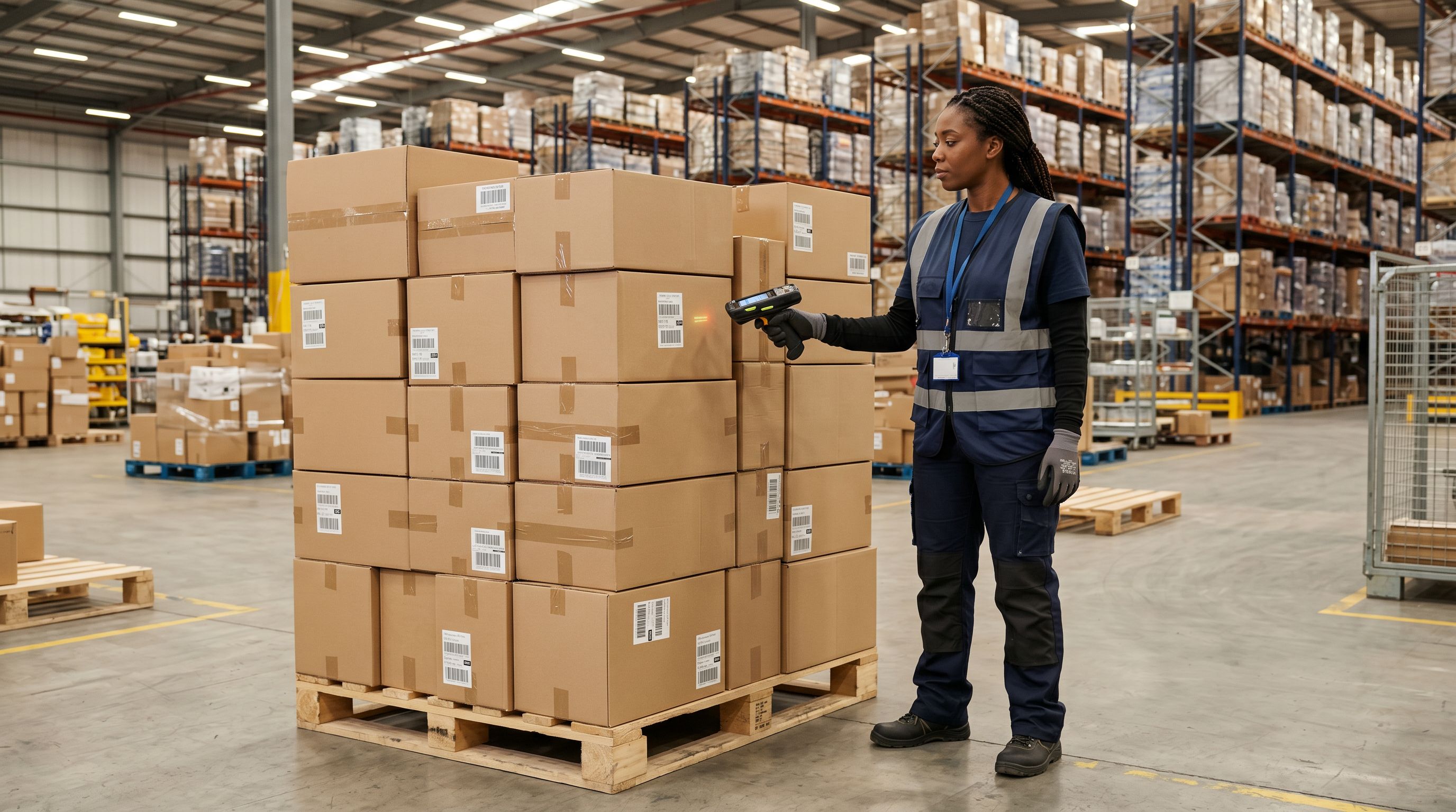 Warehouse worker scanning barcode labels on boxes stacked on pallets in a distribution centre.