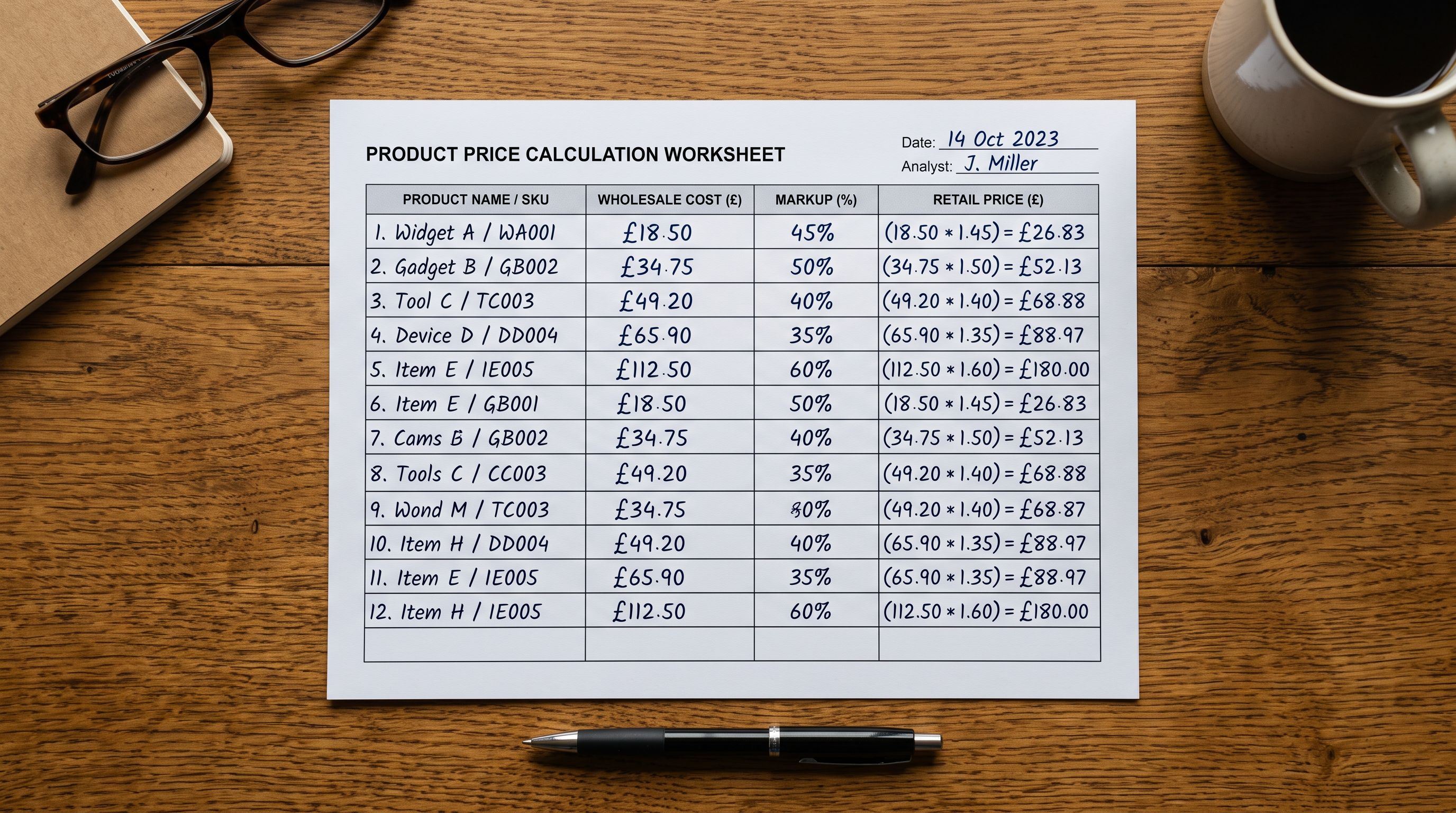 A printed price calculation worksheet on a desk showing a column of supplier prices, a second column with calculated markup amounts, and a third column with final retail prices for a range of outdoor furniture products.