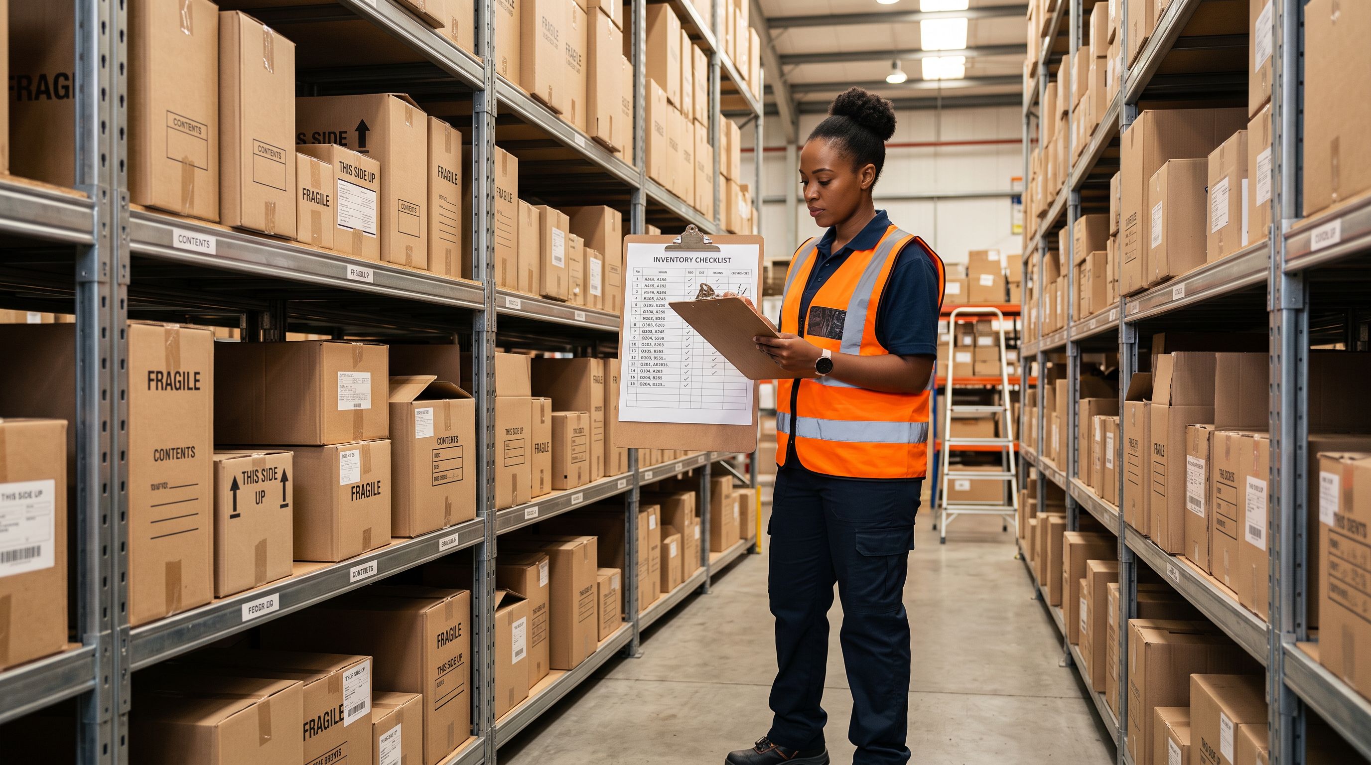 A retail warehouse worker in a high-visibility vest standing at a shelving unit with a clipboard, reviewing a printed import progress checklist showing multiple product rows with completion ticks beside each entry.