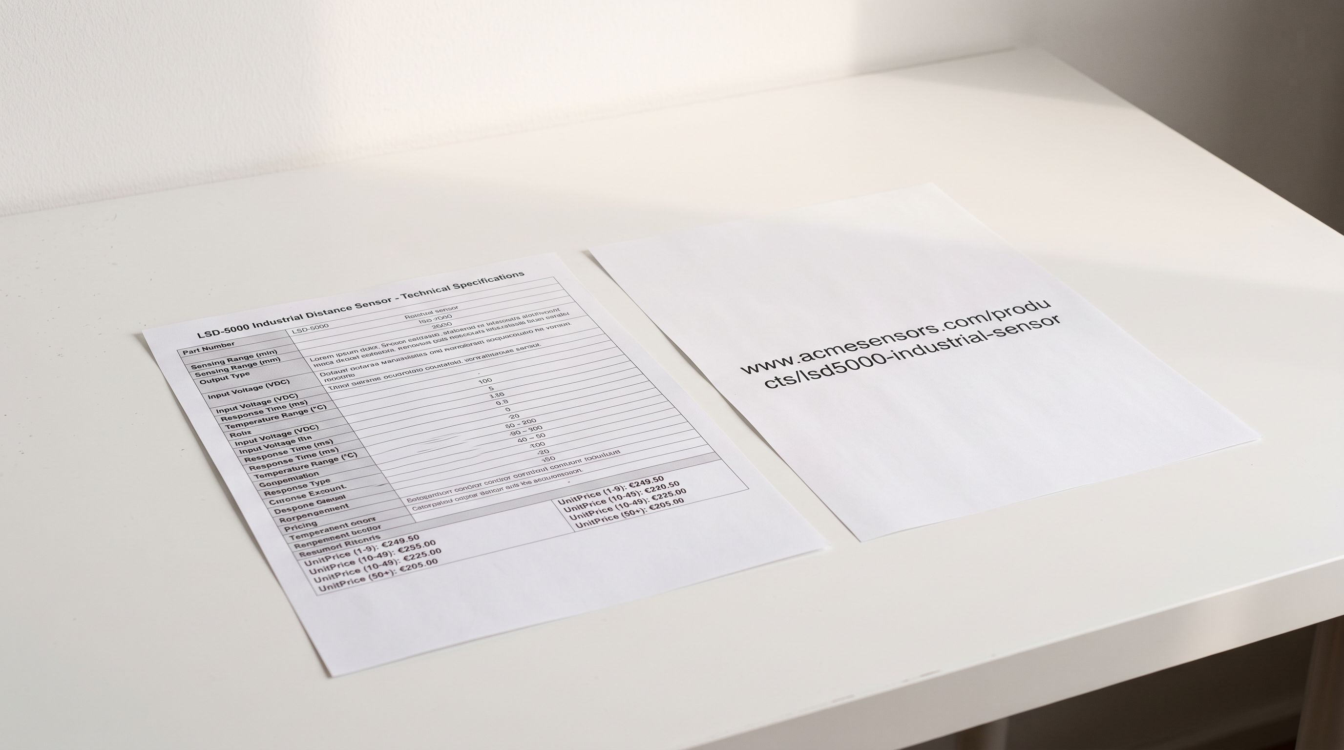 A printed product specification sheet beside a web browser address bar printed on paper, showing how product data moves from a supplier website into a product listing.