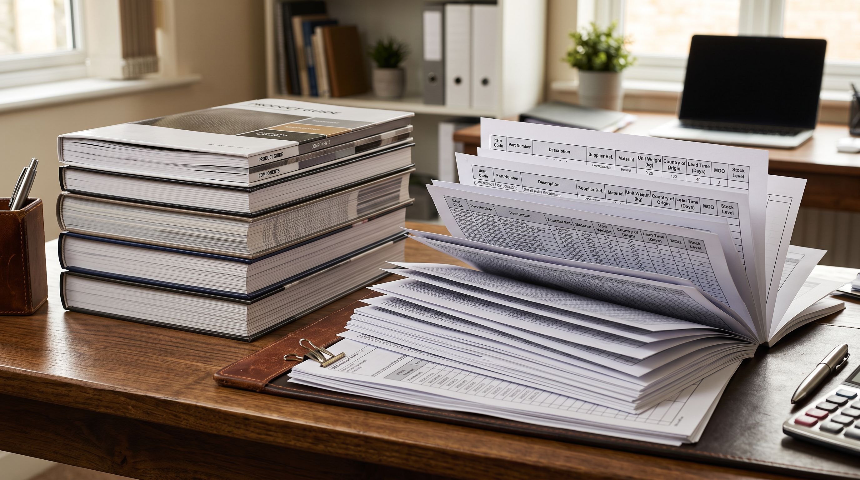 Stacked supplier product catalogues and printed export files on a trade desk showing various column headers including Item Code and Part Number