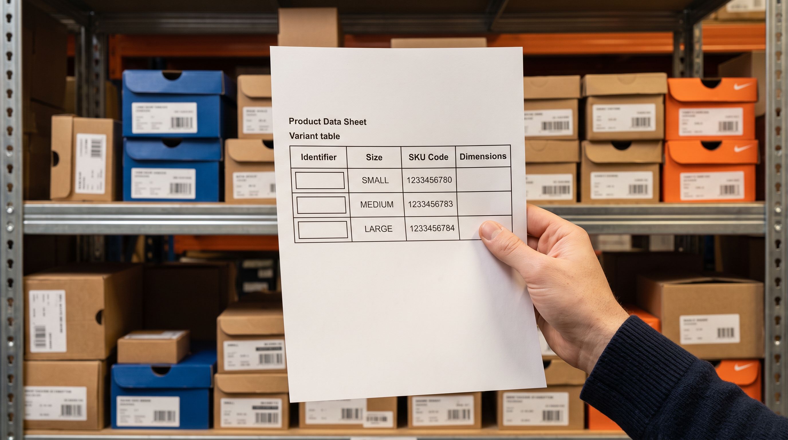 Printed product data sheet showing a variant size table with an empty identifier column held over a retail stockroom shelf