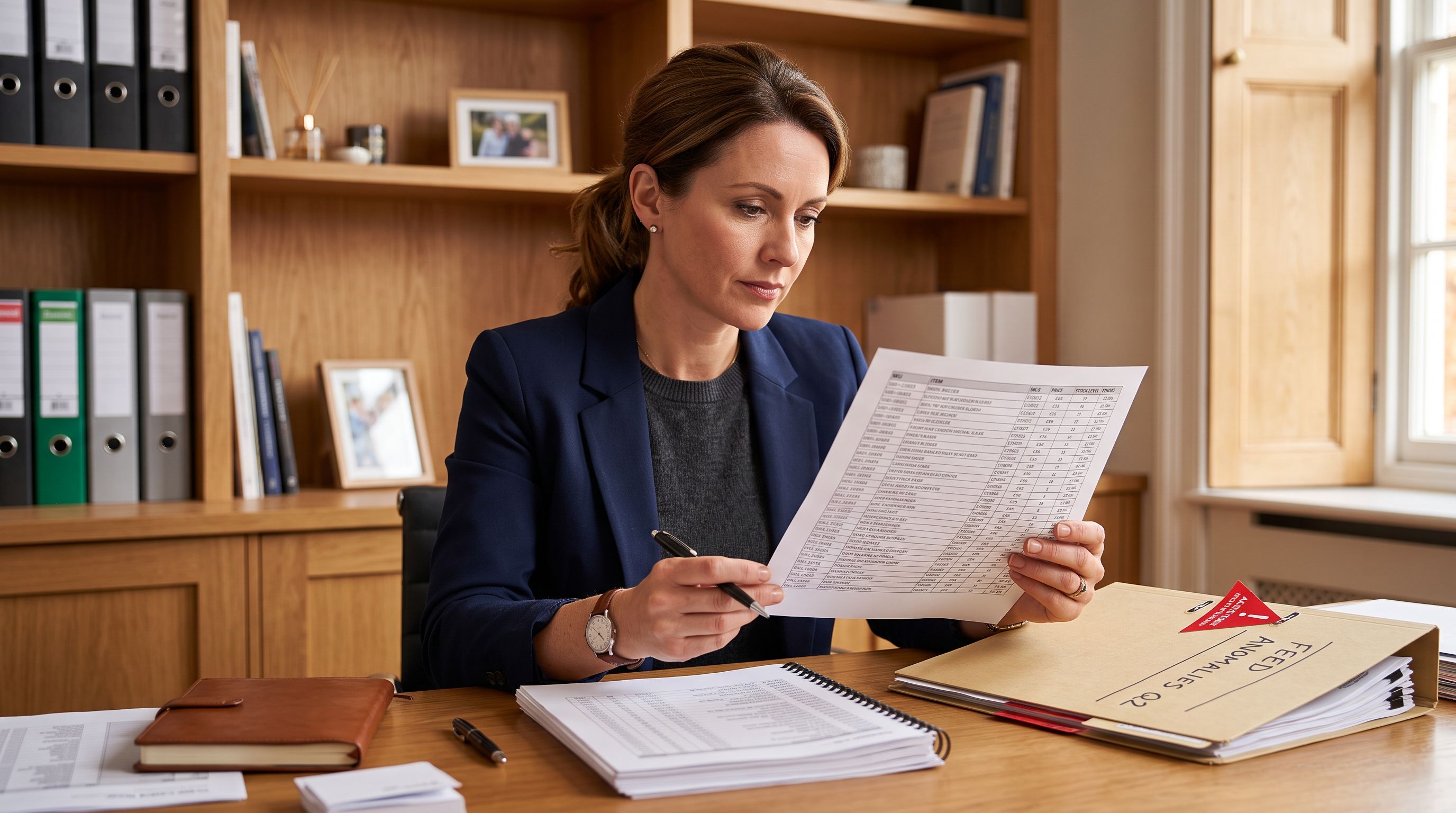 Retail merchant reviewing a printed product feed report at a desk beside a folder marked with a disapproval flag