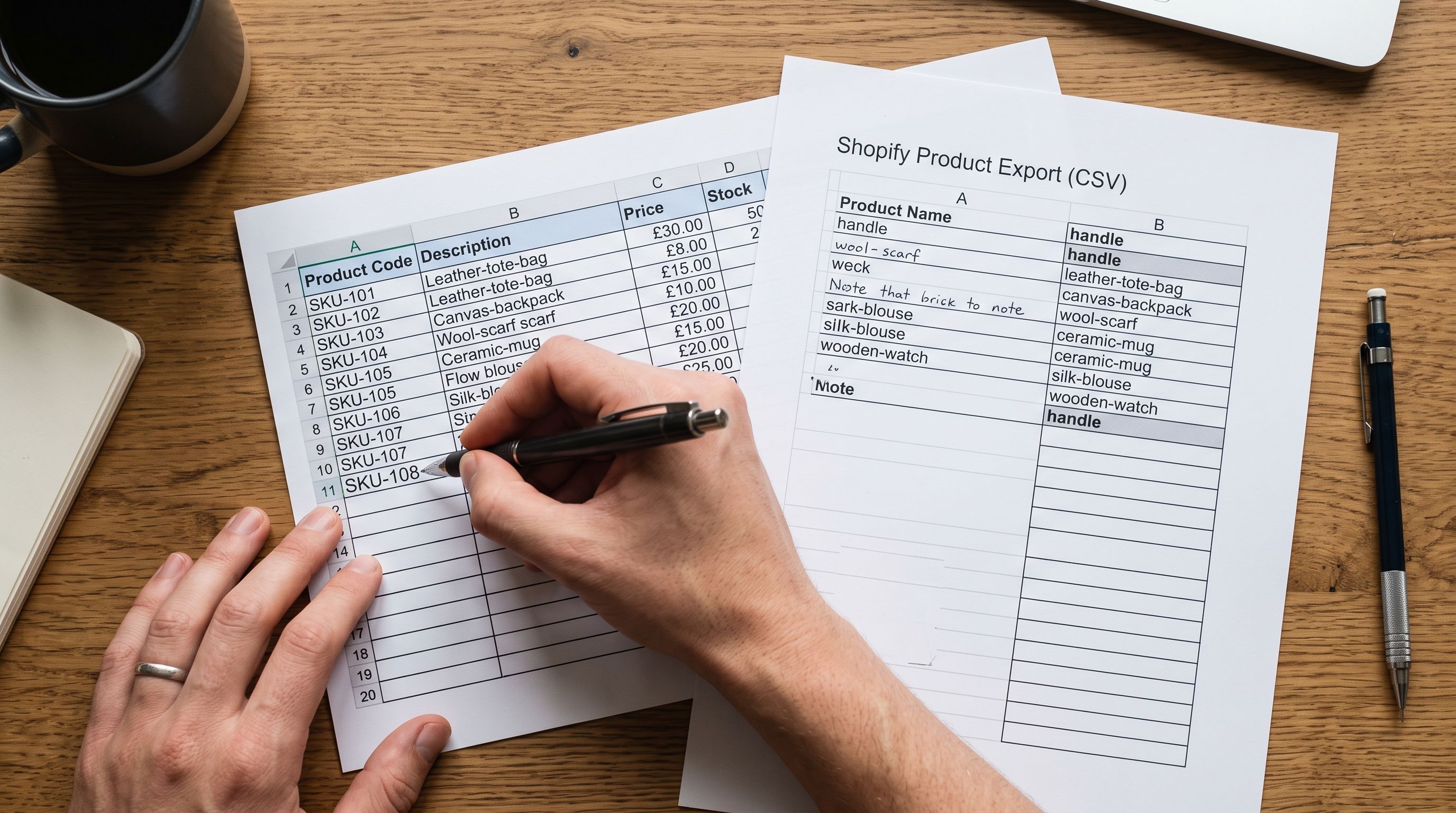 Open product spreadsheet on a desk with a pen filling in a product code column beside a printed export CSV