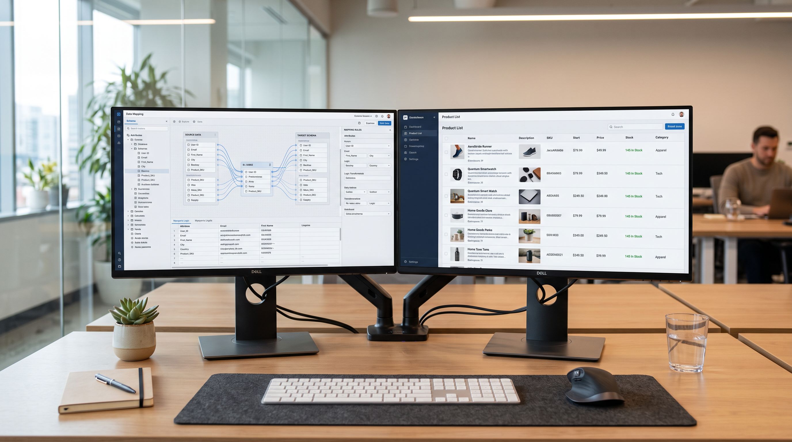 Two-monitor workstation with a data mapping interface on the left screen and a product list preview on the right