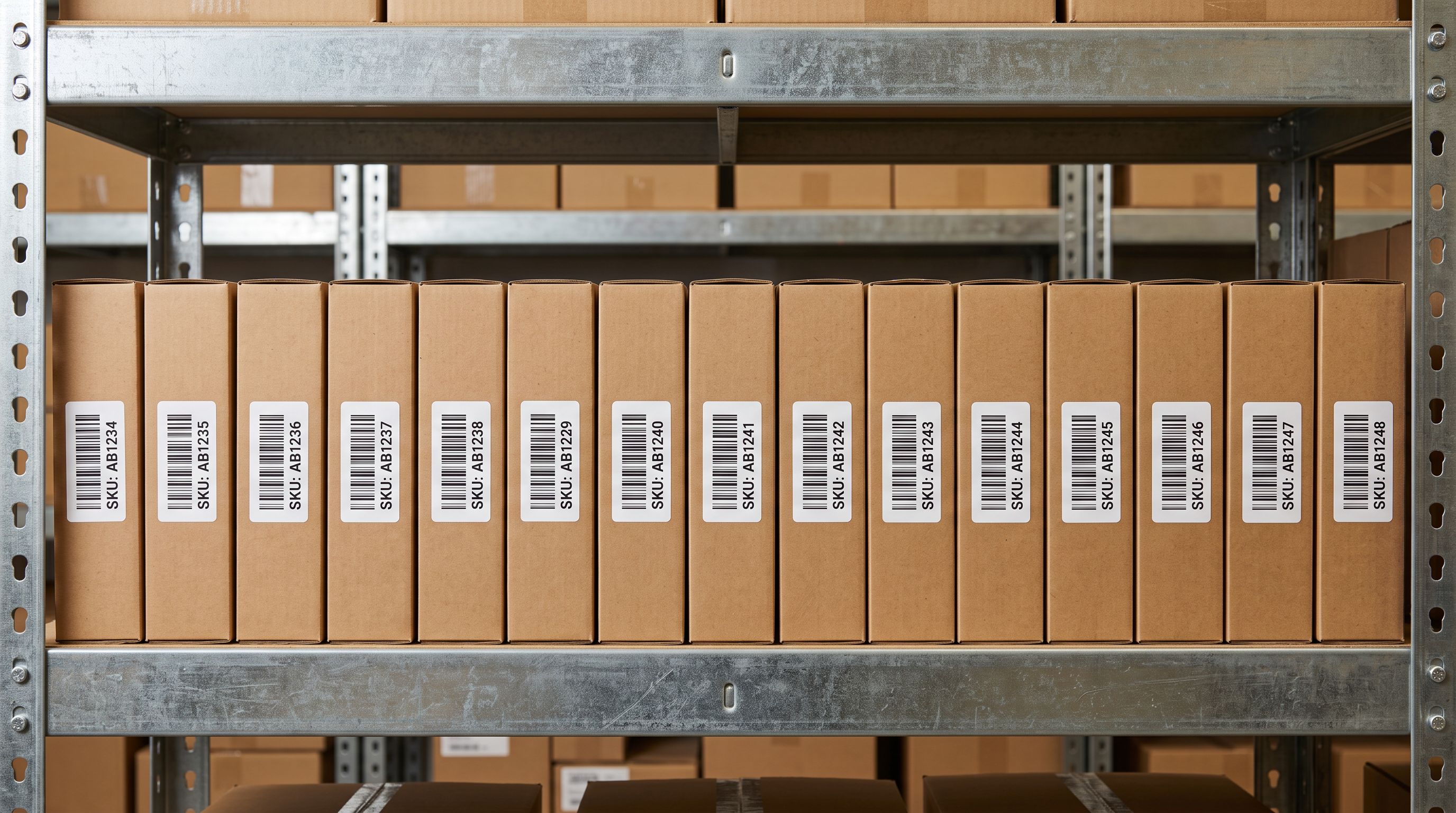 Row of retail product boxes on a stockroom shelf each with a printed SKU barcode label in consistent alphanumeric format