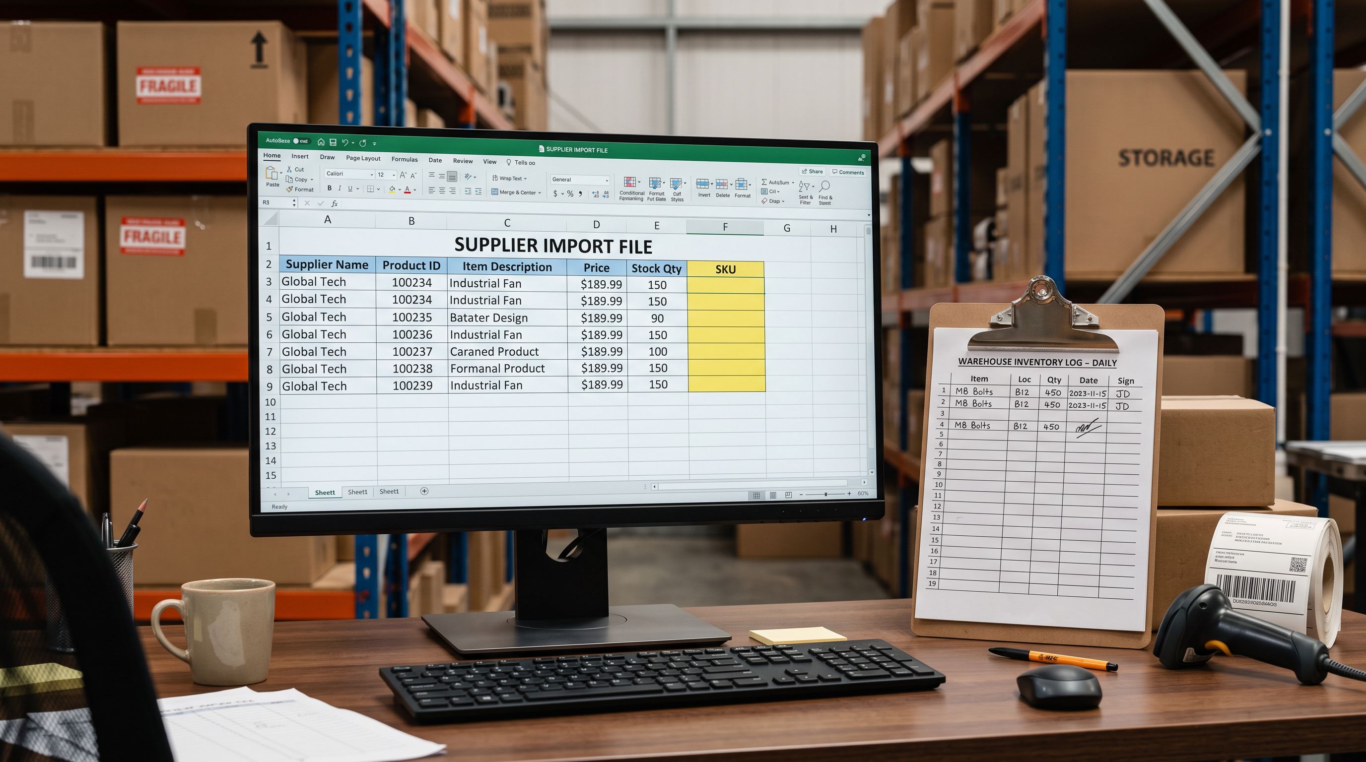 Supplier import file spreadsheet open on a desktop beside a warehouse inventory clipboard showing a blank SKU column