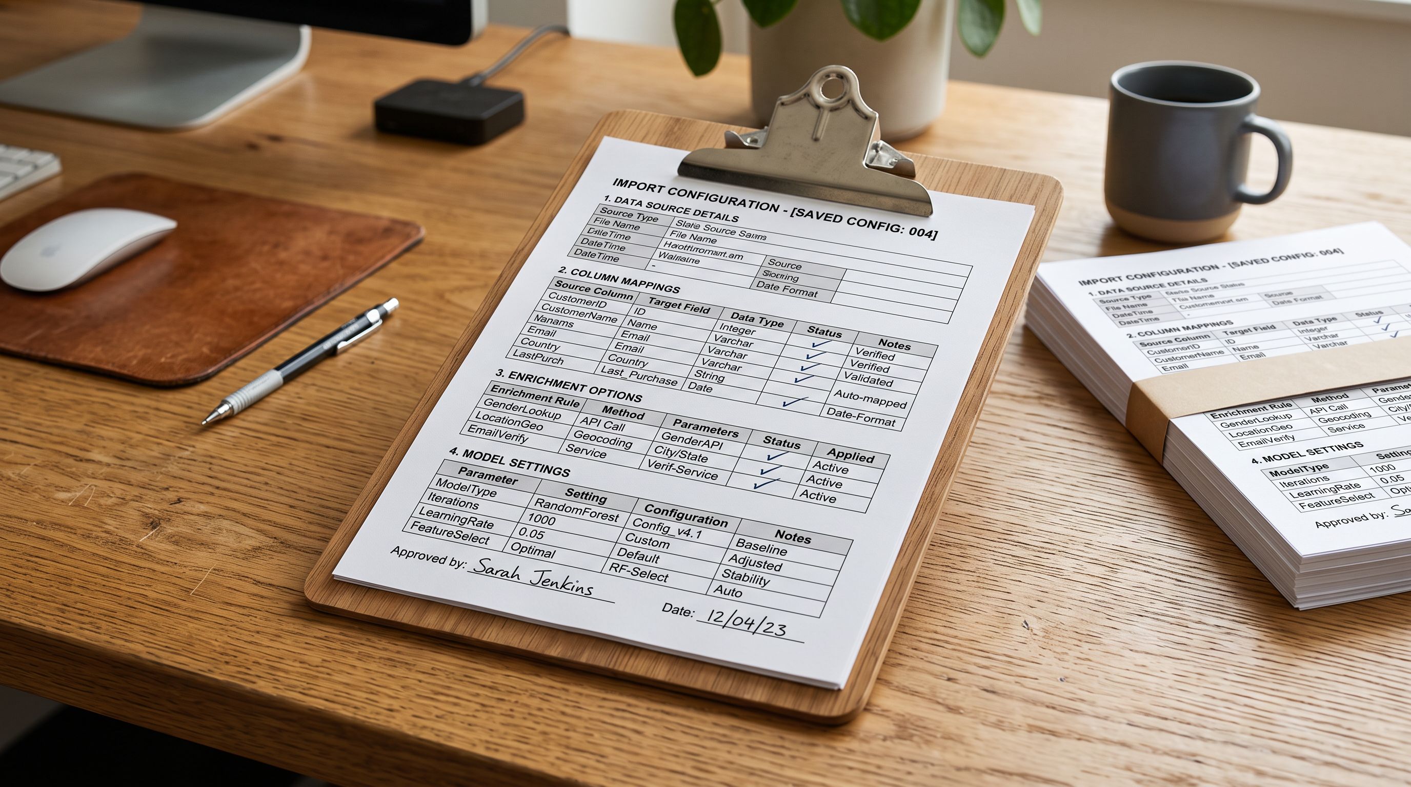 Clipboard holding a multi-section printed configuration form with labelled rows for mappings, enrichment, and model settings beside a small stack of similar completed forms
