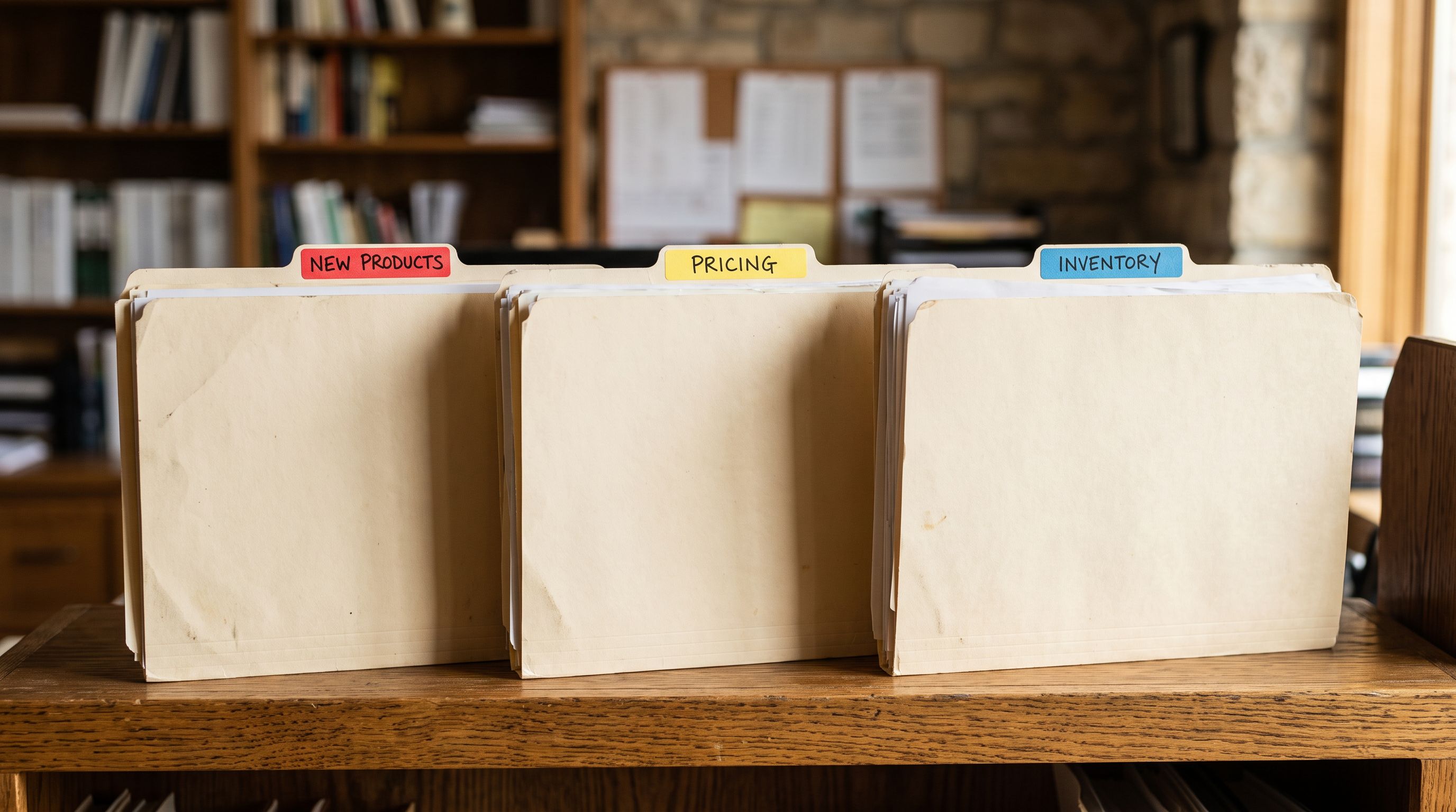 Three identical manila folders standing in a row on a shelf each labelled with a different coloured tab for new products, pricing, and inventory respectively