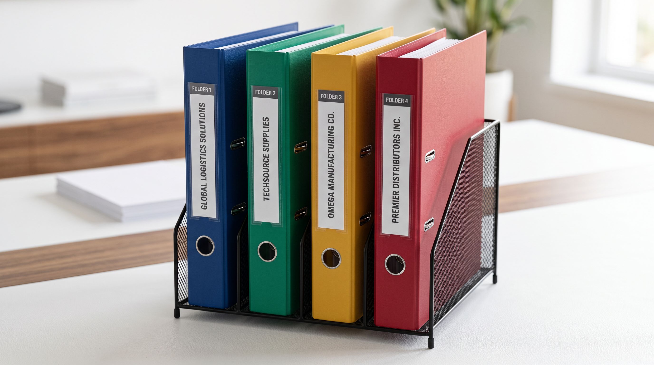 Four upright coloured folders in a desktop file organiser each labelled with a supplier name card representing an organised system of saved configurations for different suppliers