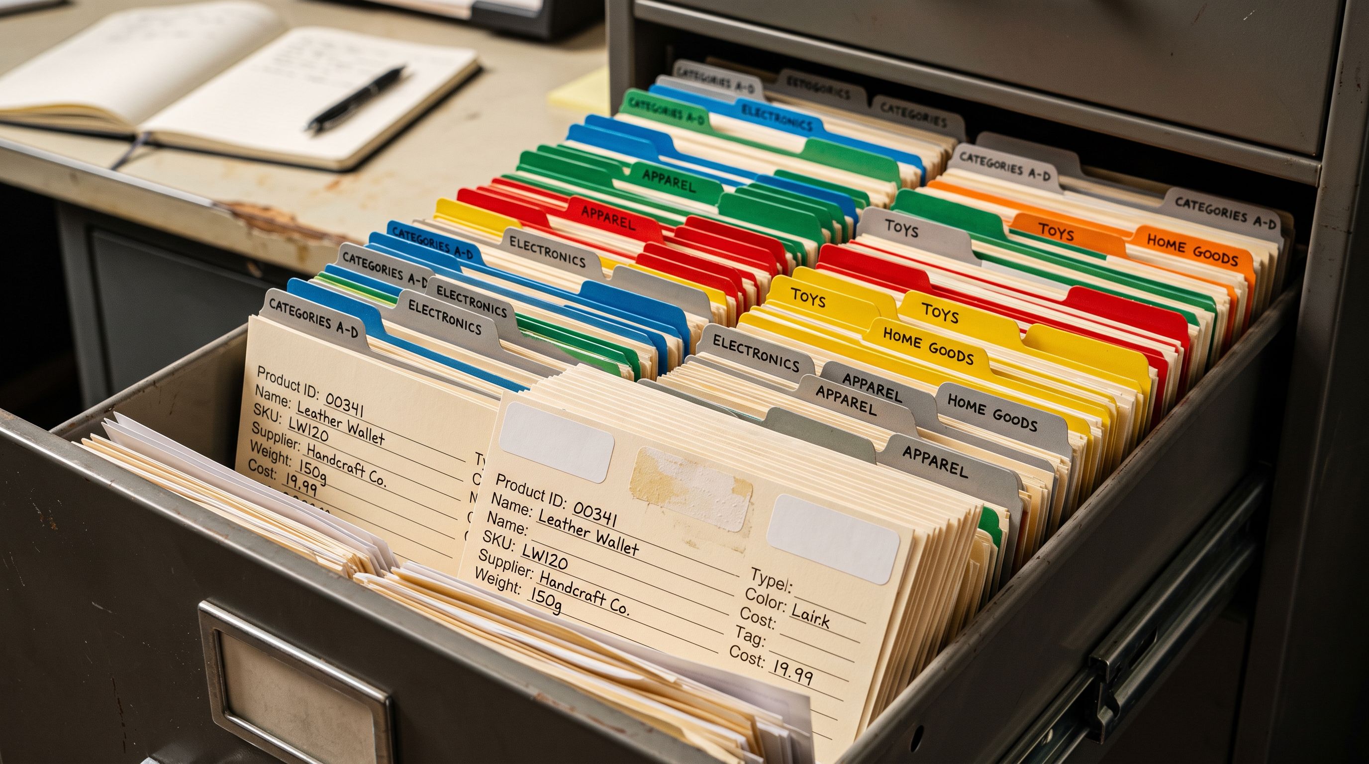 Filing cabinet drawer with colour-coded product record cards; a subset pulled to the front shows blank white tag fields where colour labels have been removed