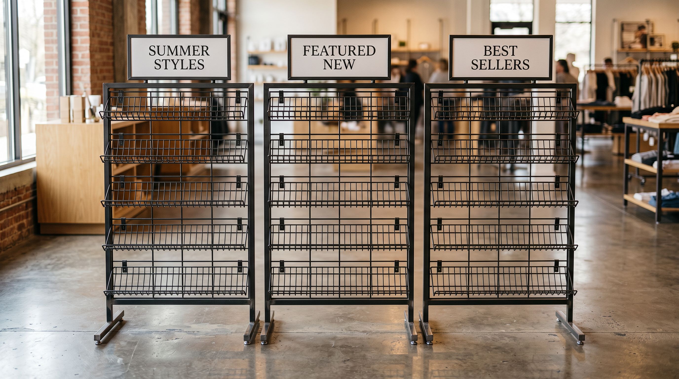 Three empty wire product display racks in a row on a retail floor each bearing category name cards but holding no products