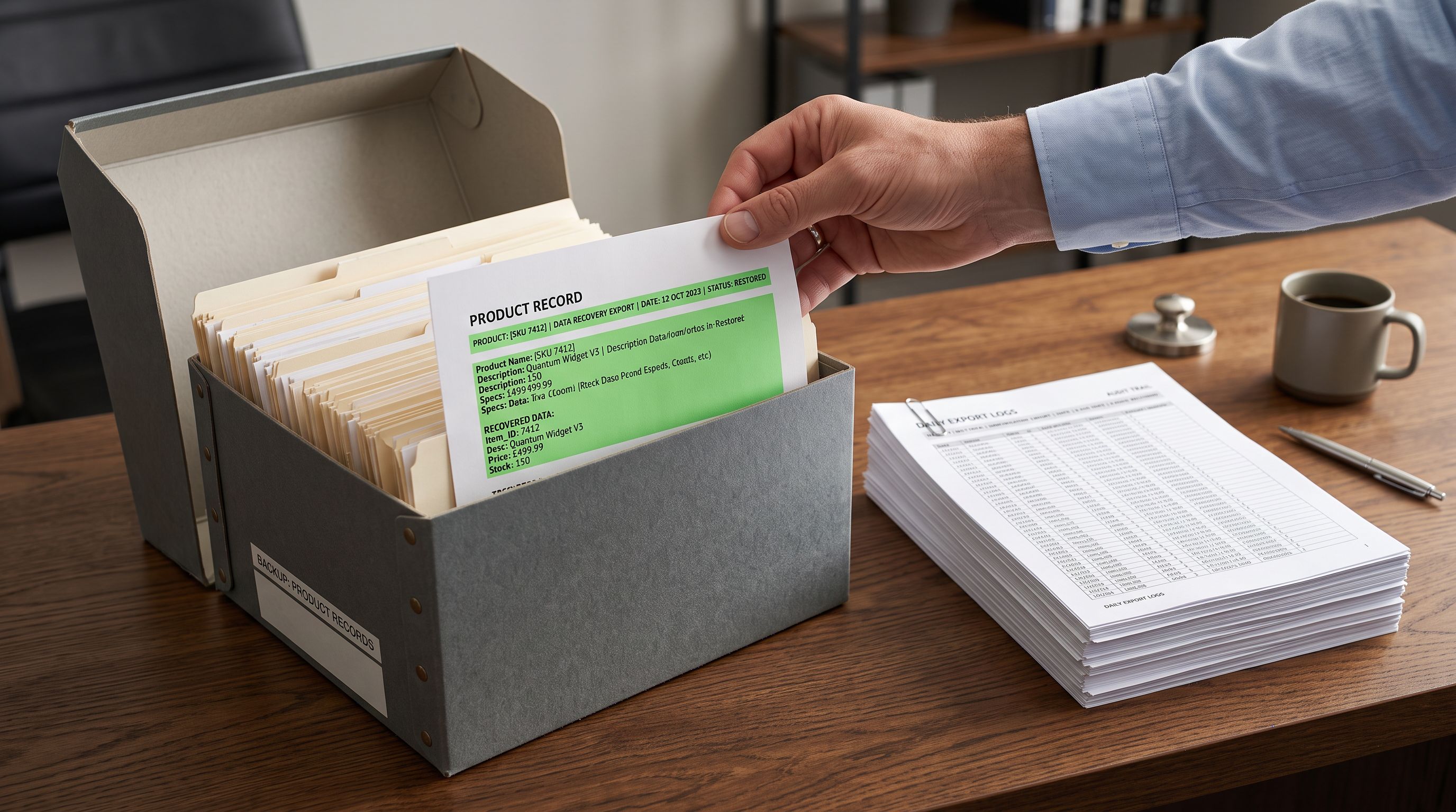 Open archival storage box on a desk with a hand lifting a green-highlighted product record sheet from a stack of backup data printouts