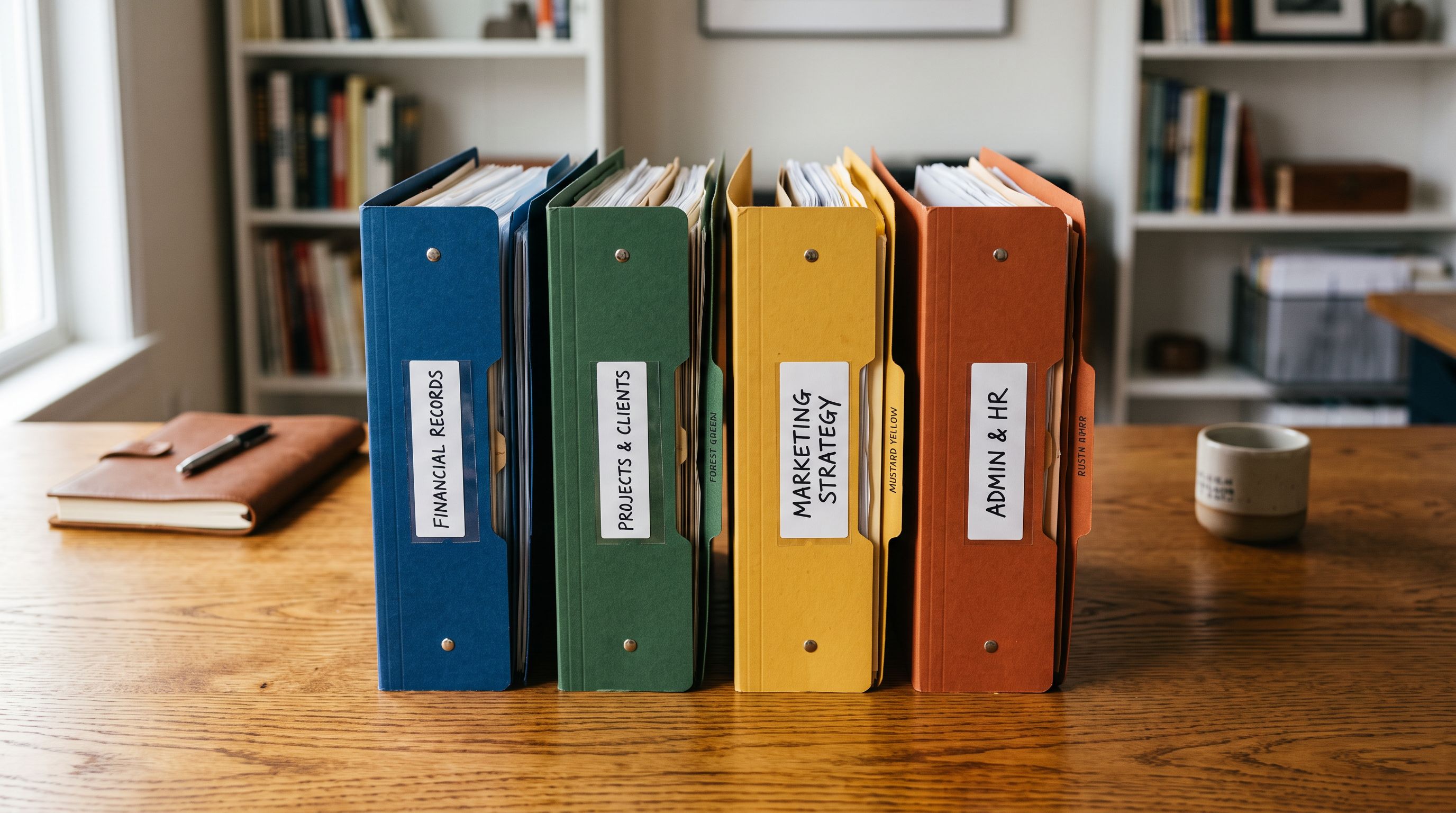 Four colour-coded file folders arranged in a row on a wooden table representing four distinct document categories.