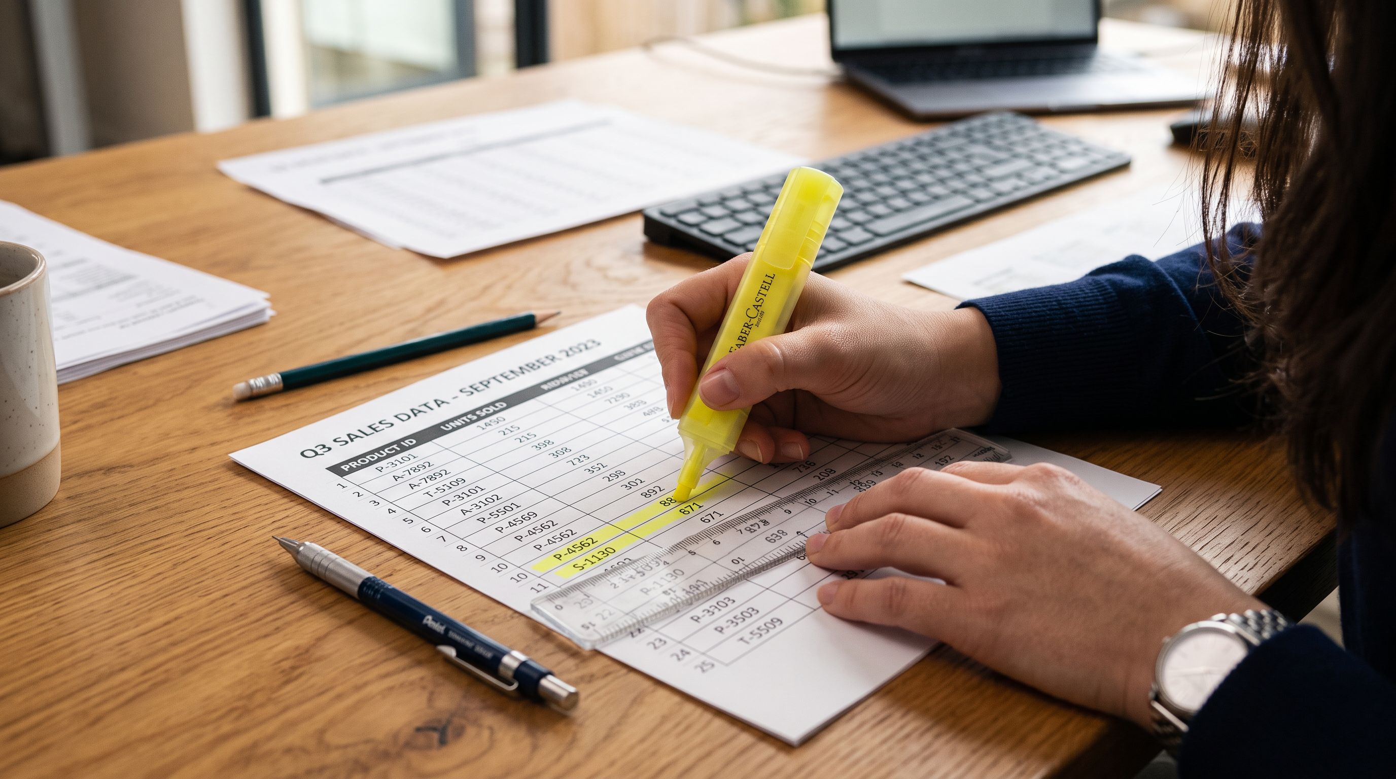 Printed spreadsheet on a worktable with two columns visible, a ruler and highlighter marking specific rows for correction.