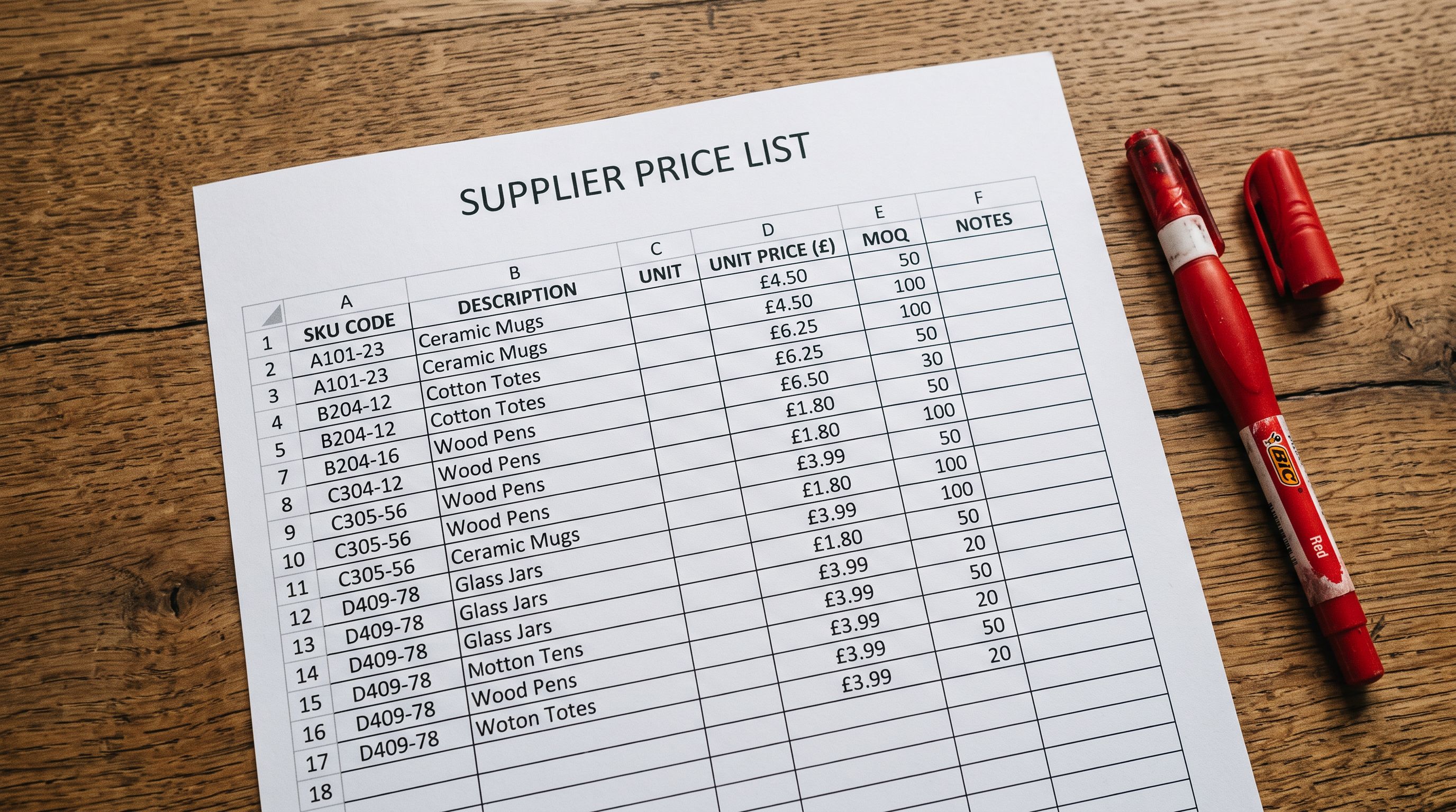 Printed supplier price list spreadsheet on a desk showing SKU codes and prices in organised rows