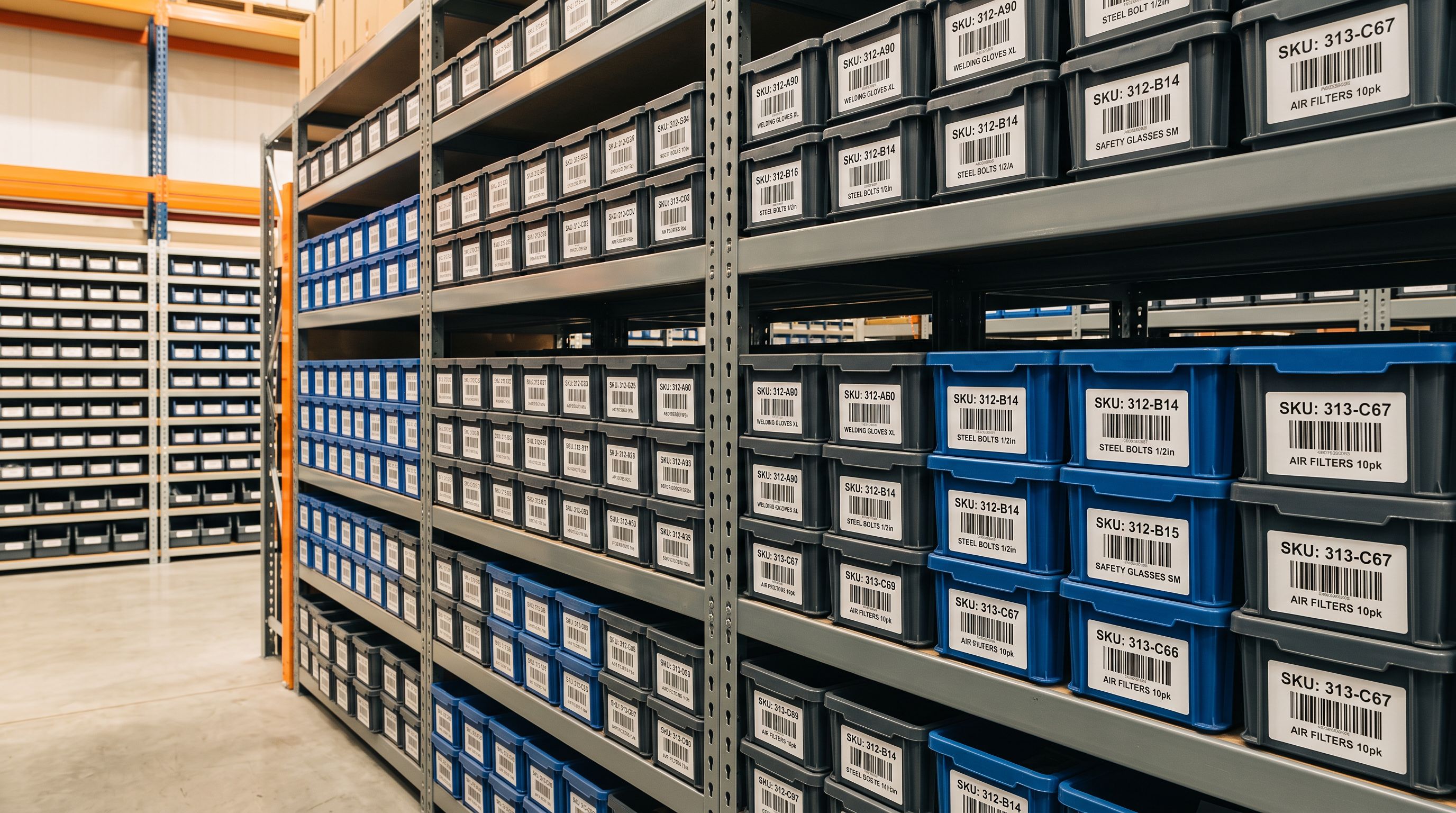 Organised warehouse shelving with product bins labelled with consistent barcode tags and SKU codes on uniform white labels
