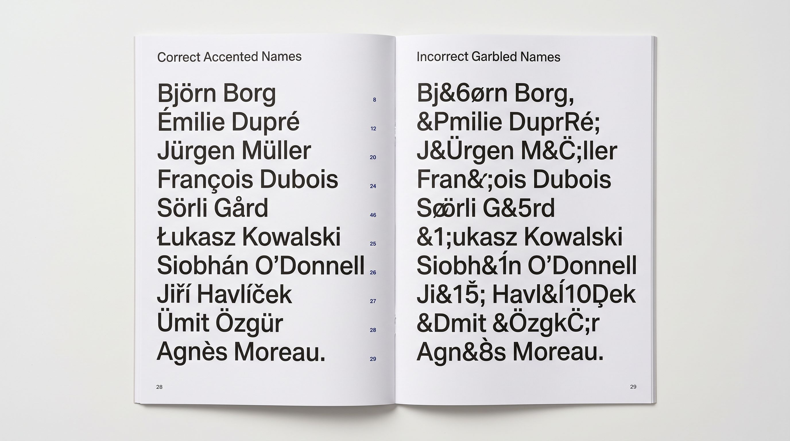 A printed product catalogue page with accented European characters visible in product names, beside a second sheet showing the same names with garbled character sequences replacing the accented letters.
