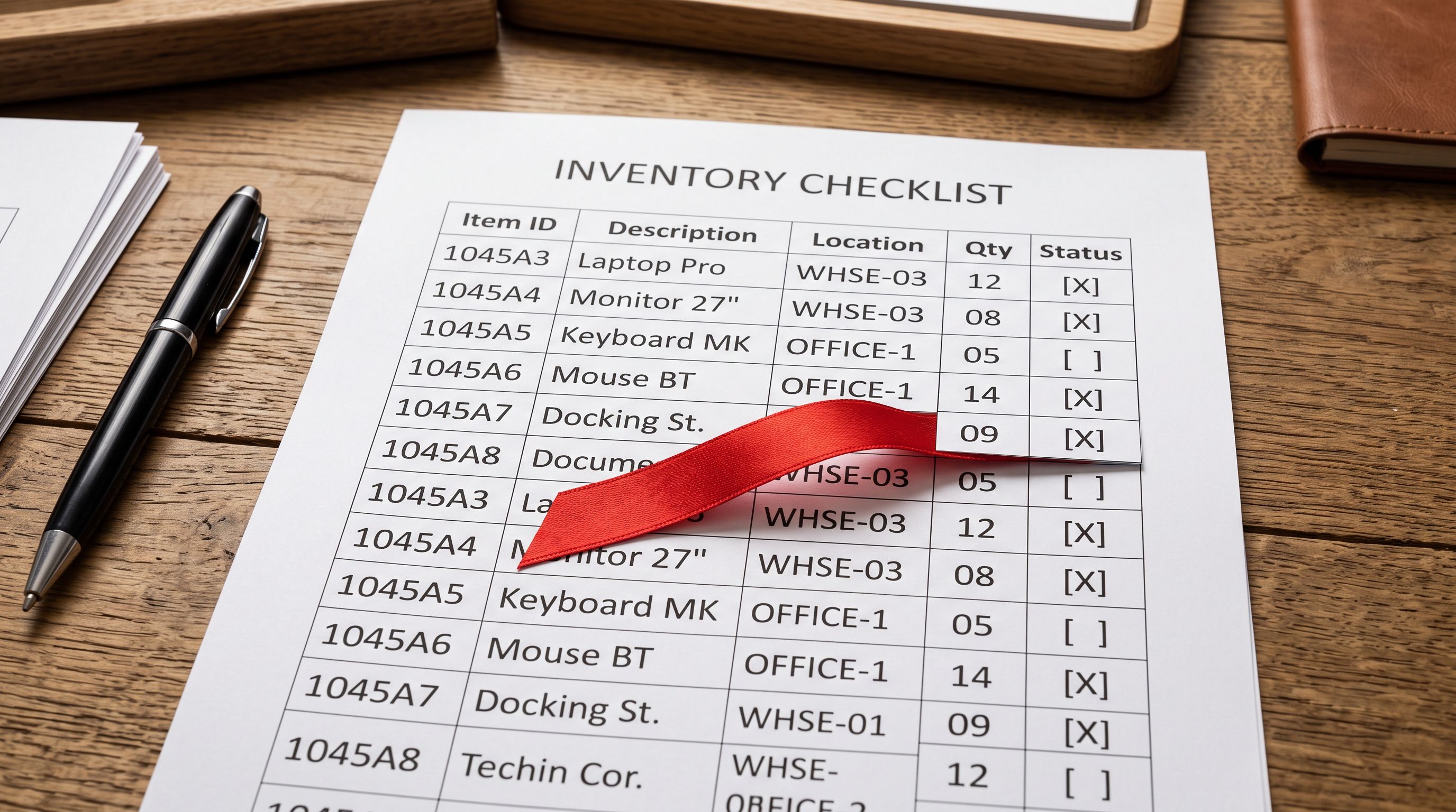 A long printed inventory list on a desk with a red bookmark ribbon marking a point halfway down the page, showing items above and below the marker.