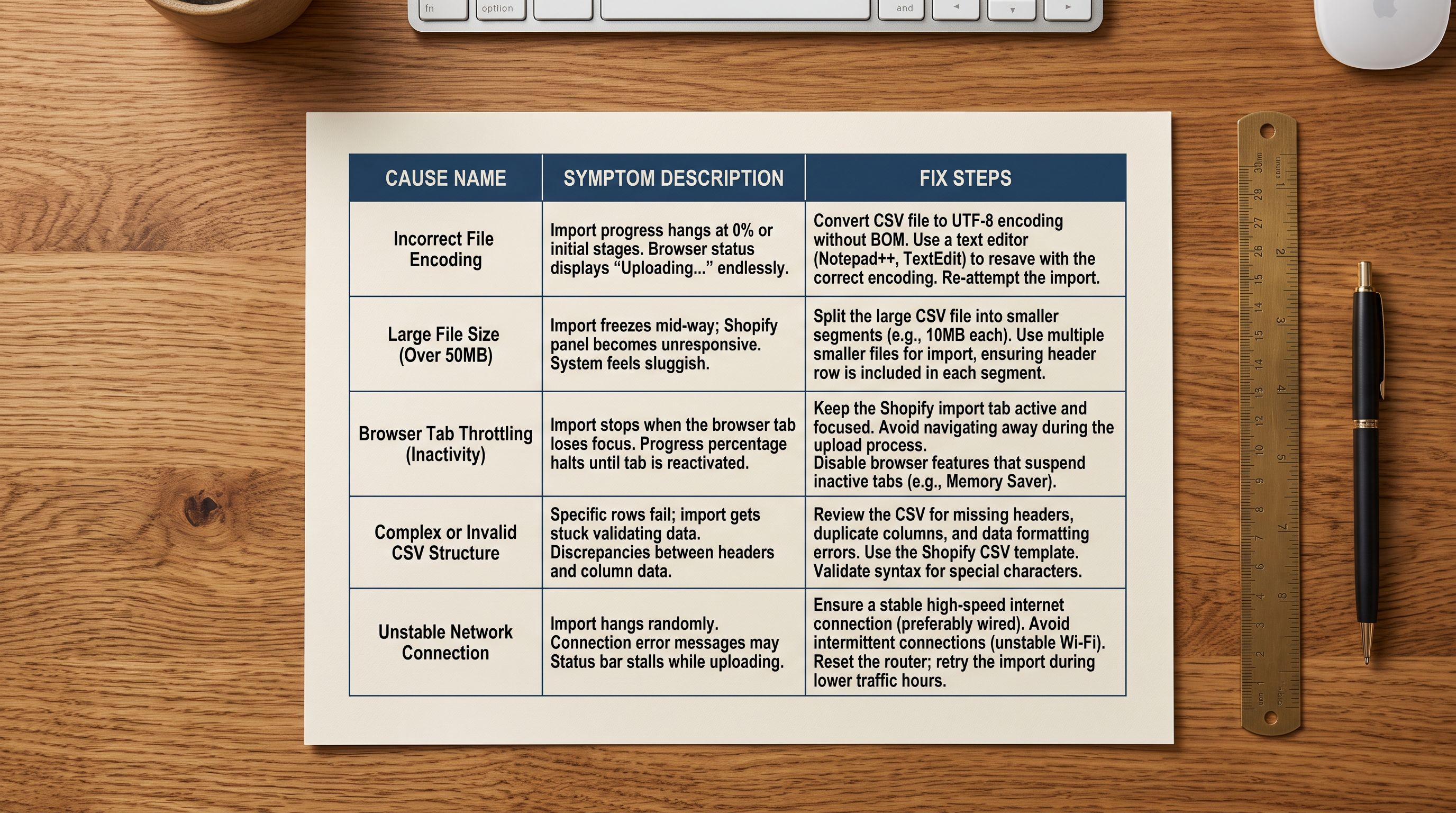 A five-row diagnostic table showing cause, symptom, and fix columns for common Shopify import freeze scenarios.